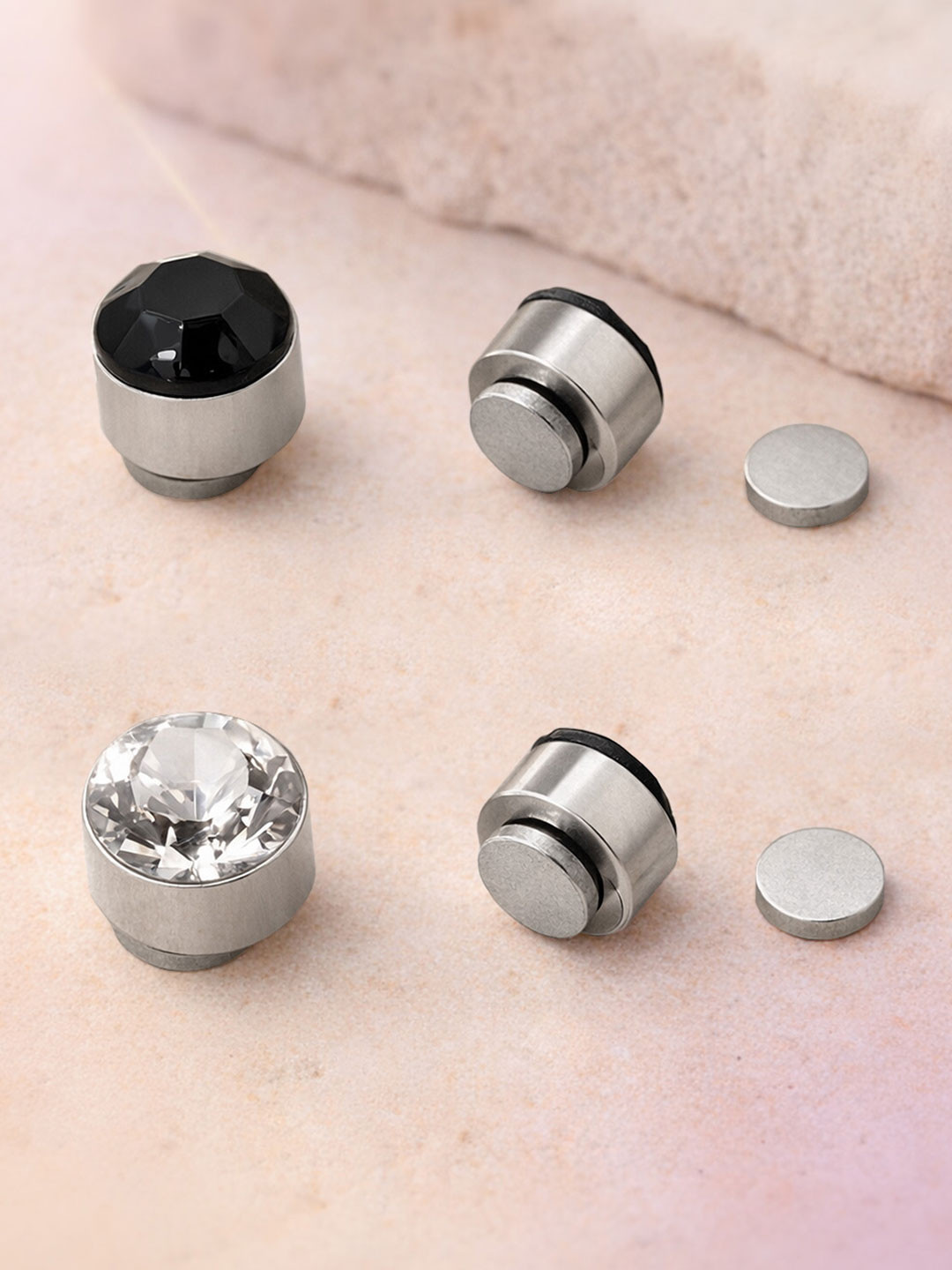 MAZZINI Unisex Set Of 2 Stainless Steel Silver-Plated Crystals Studded Circular Studs