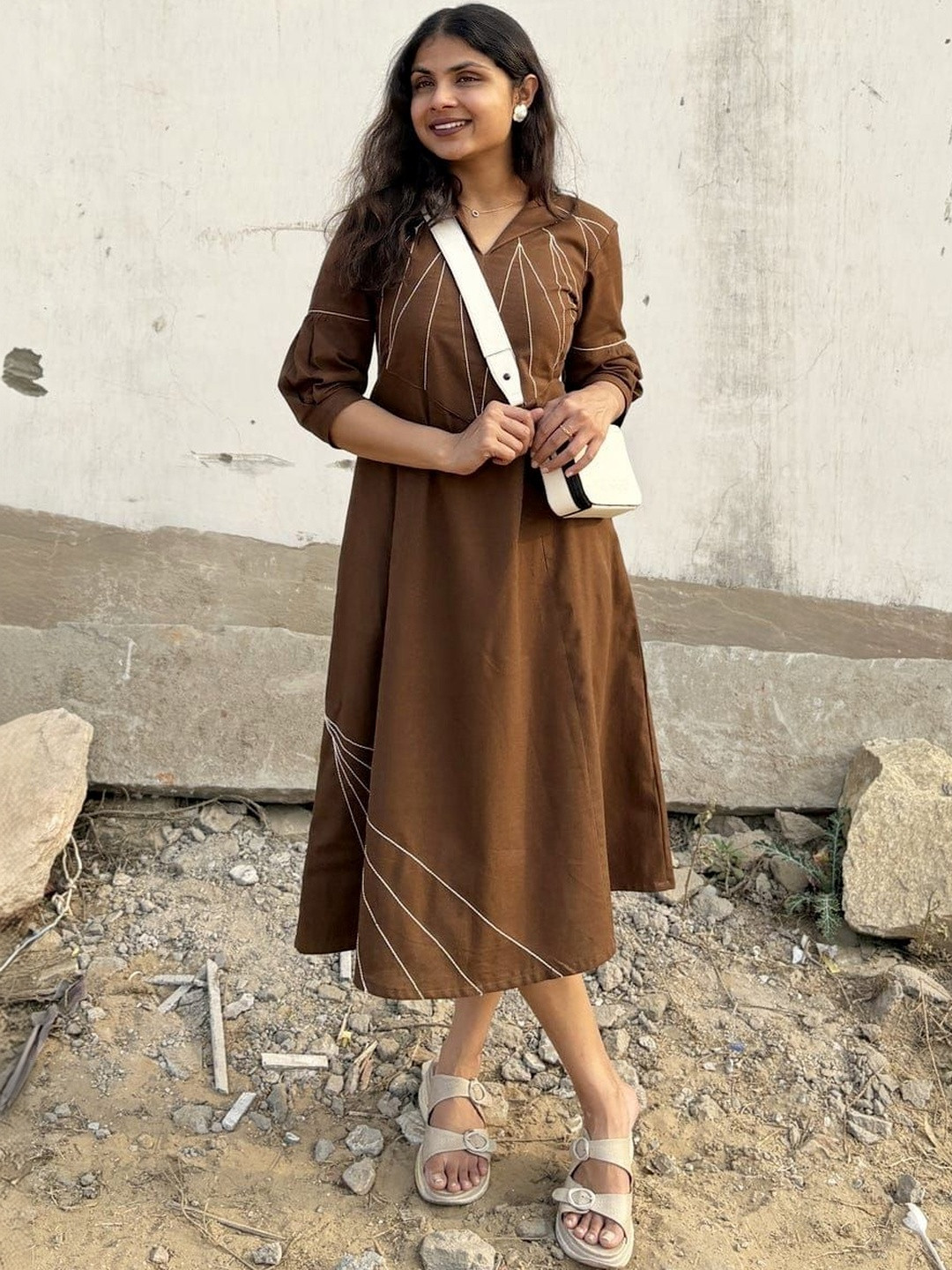 Niyatee Embroidered Shirt Collar Puff Sleeve Cotton A-Line Midi Dress