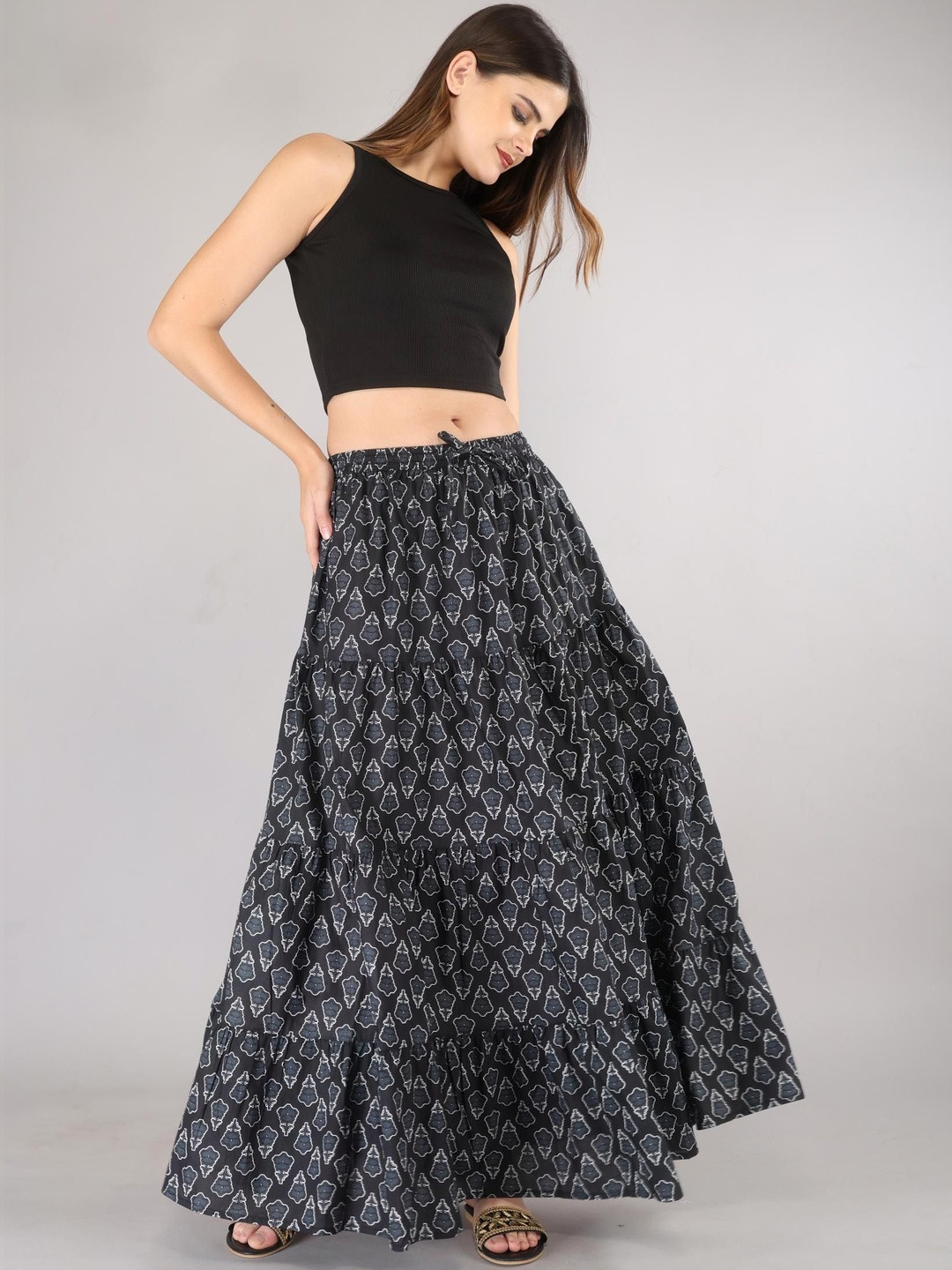 MFGIVA Women Cotton Abstract Tiered Maxi Tiered Skirt