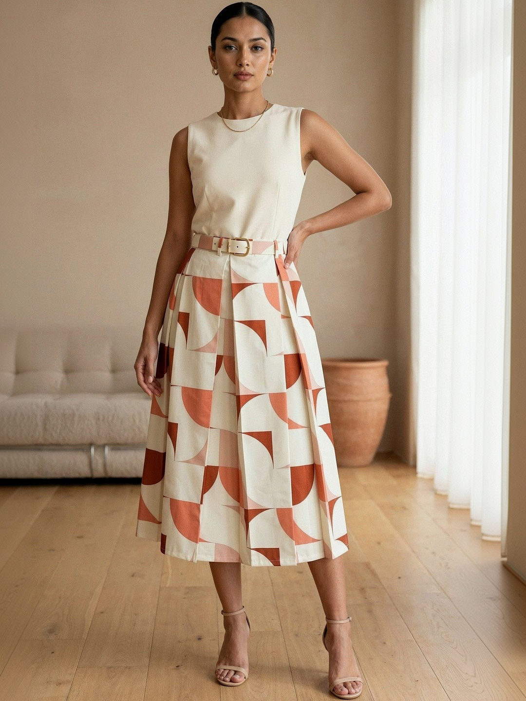 AASK Women Pure Cotton Blend Geometric Midi A-Line Skirt