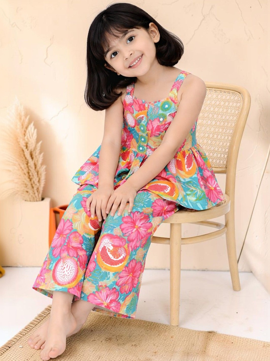 SPANGEL FASHION Girls Floral Printed Top with Trousers