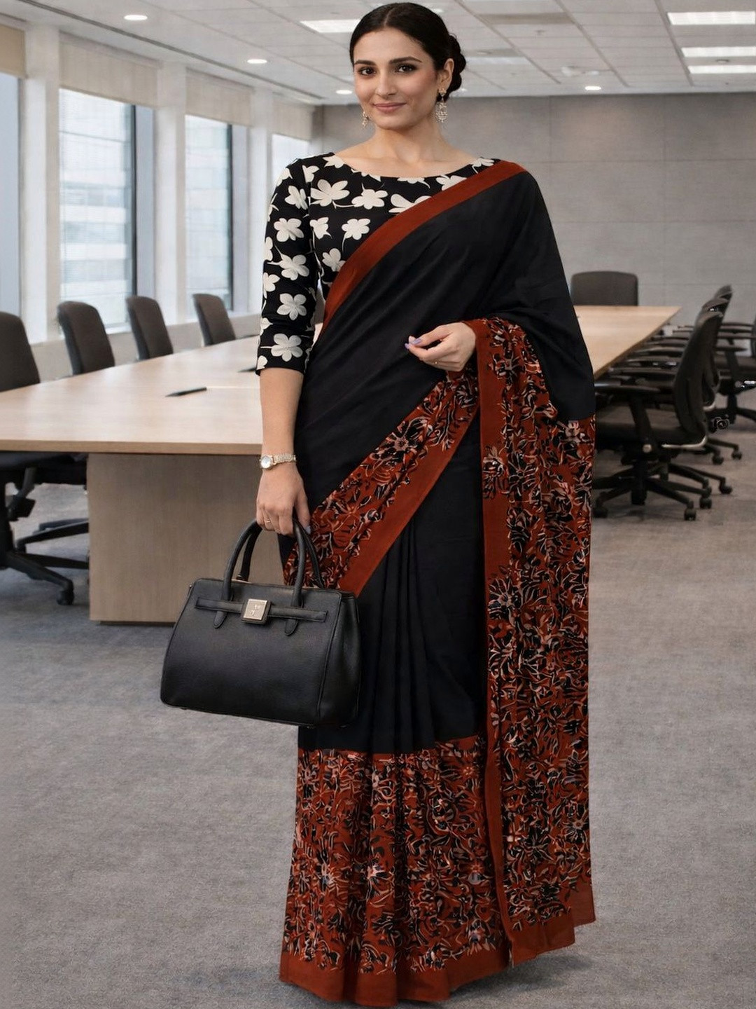 Aruniti Label Floral Pure Cotton Block Print Saree
