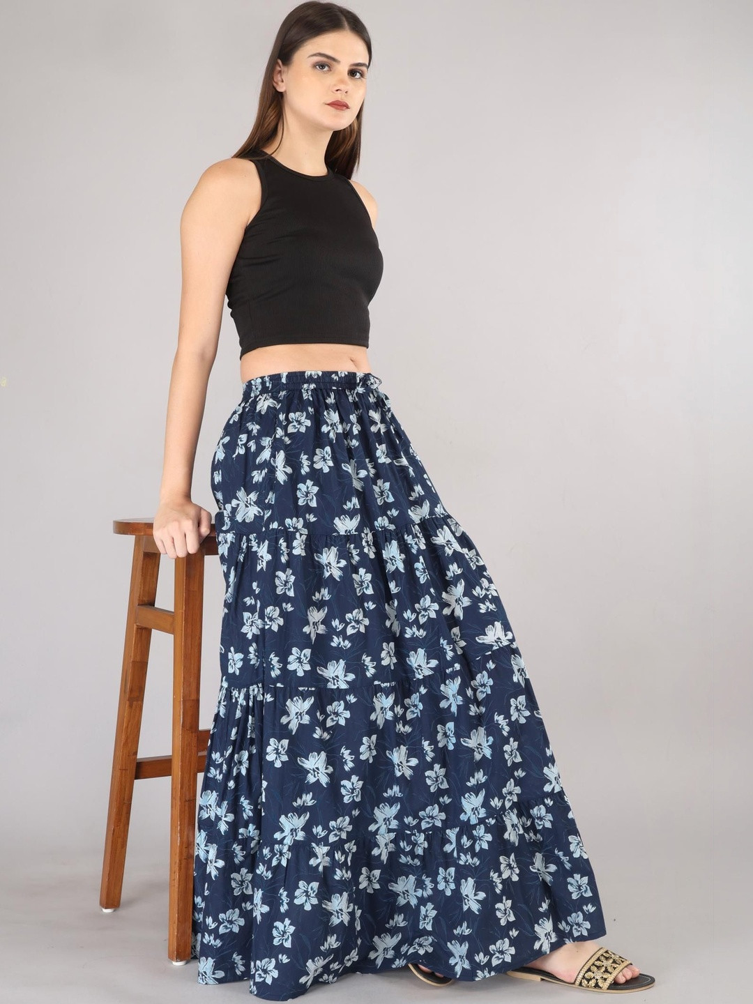 MFGIVA Women Cotton Floral Maxi Tiered Skirt