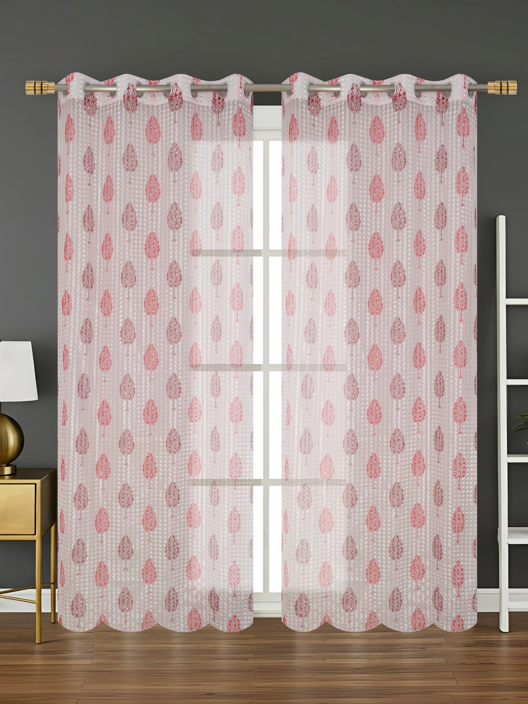 YUKANY Maroon & Multicoloured Set of 2 Floral Sheer Window Curtain