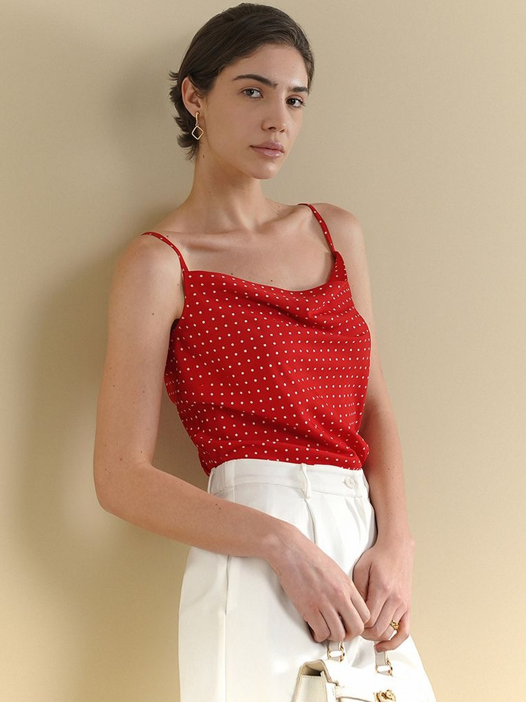 FABLE STREET Polka Dot Printed Sleeveless Cowl Neck Top