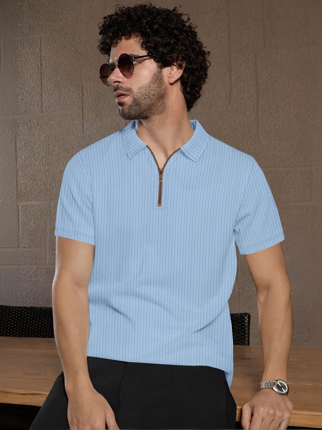 SZN Men Polo Collar Self Design Regular Fit T-shirt