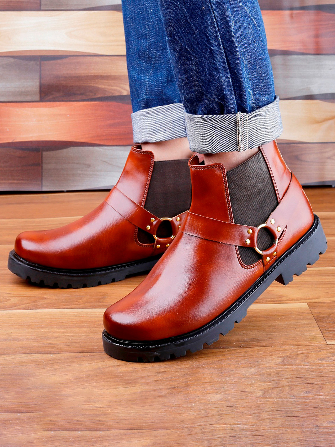 Bxxy Men Mid Top Platform Heels Chelsea Boots Ring Detail