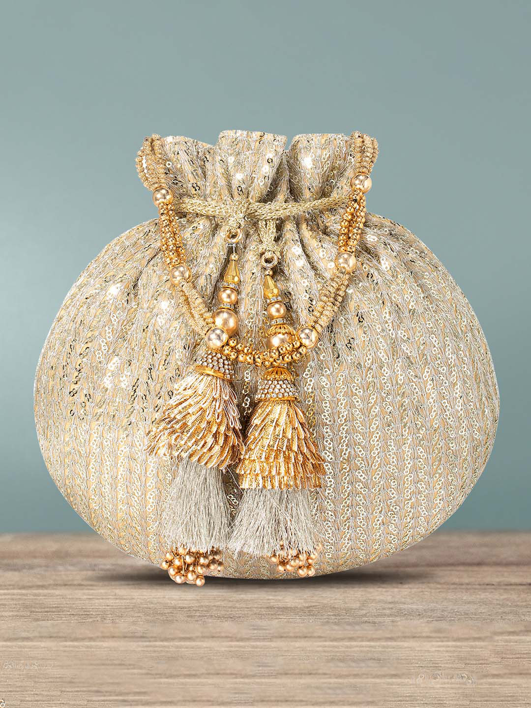 Peora Gold Sequinned Embellished Potli Clutch with Drawstring
