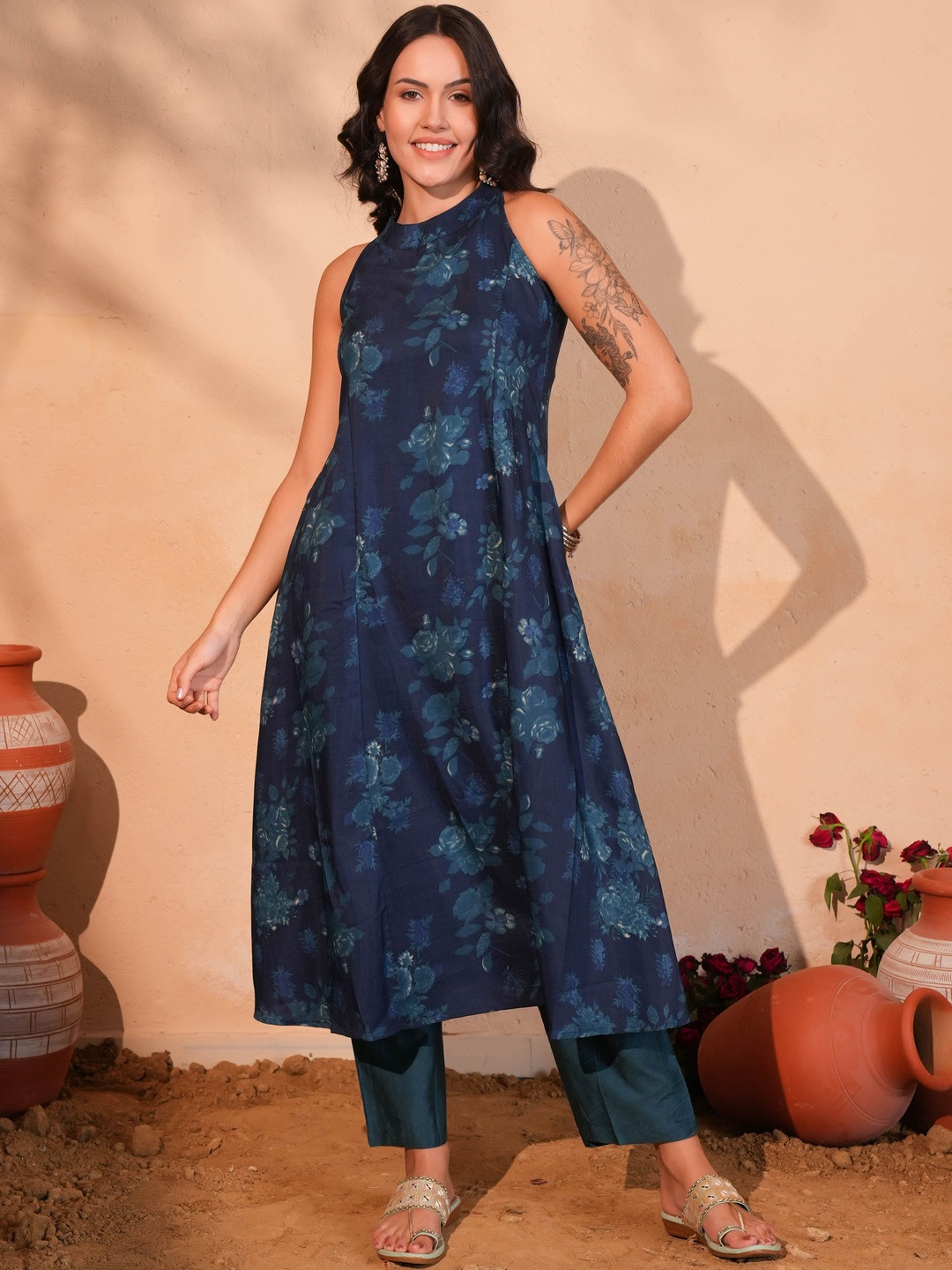 KALINI Women Floral Printed Regular Kurta with Trousers