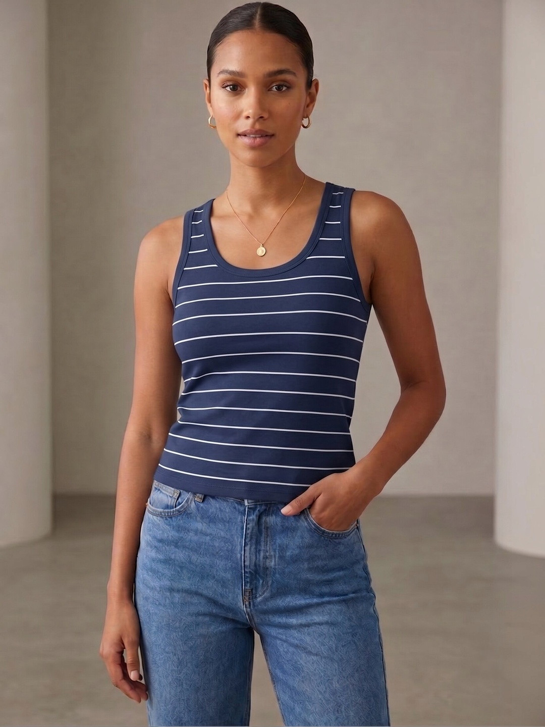 UnaOne Striped Cotton Blend Tank Top