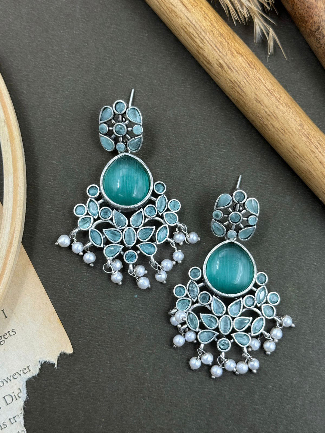 NAMAN ARTS Silver-Plated Stones Studded & Beaded Contemporary Drop Earrings