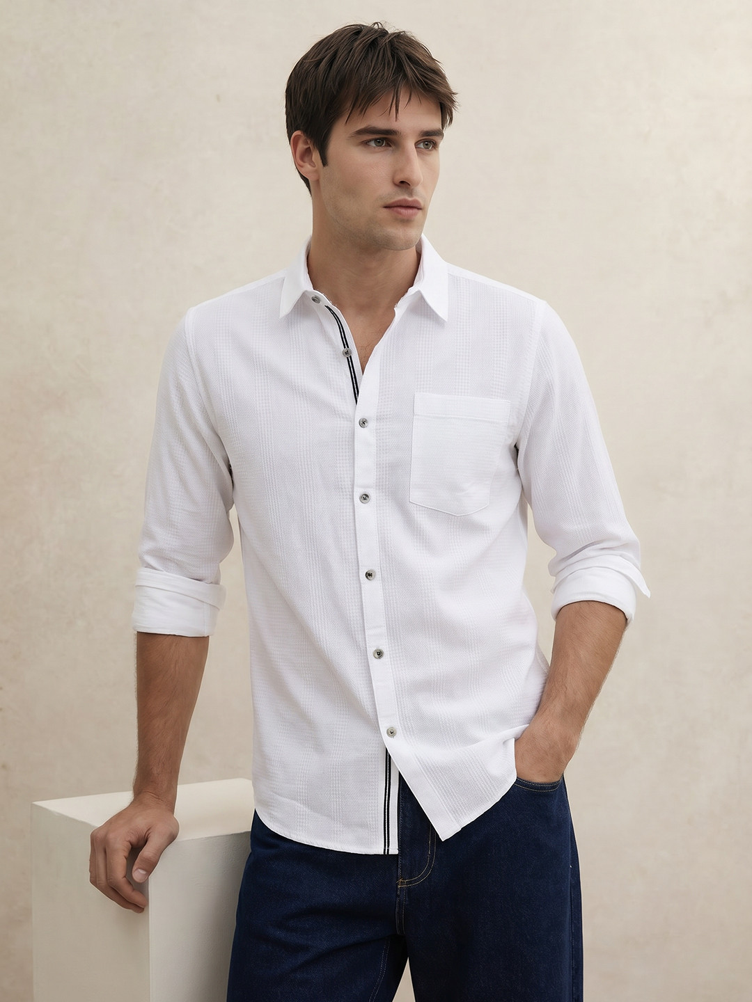 THE SHIRT CODE Slim Fit Textured Pure Cotton Casual Shirt
