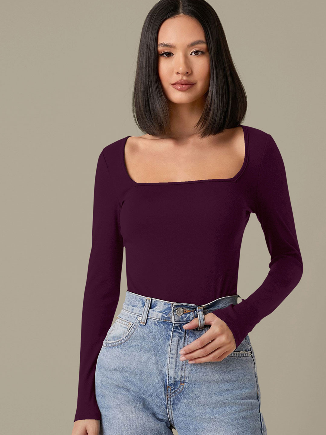 Dream Beauty Fashion Women Solid Square Neck Long Sleeves Top