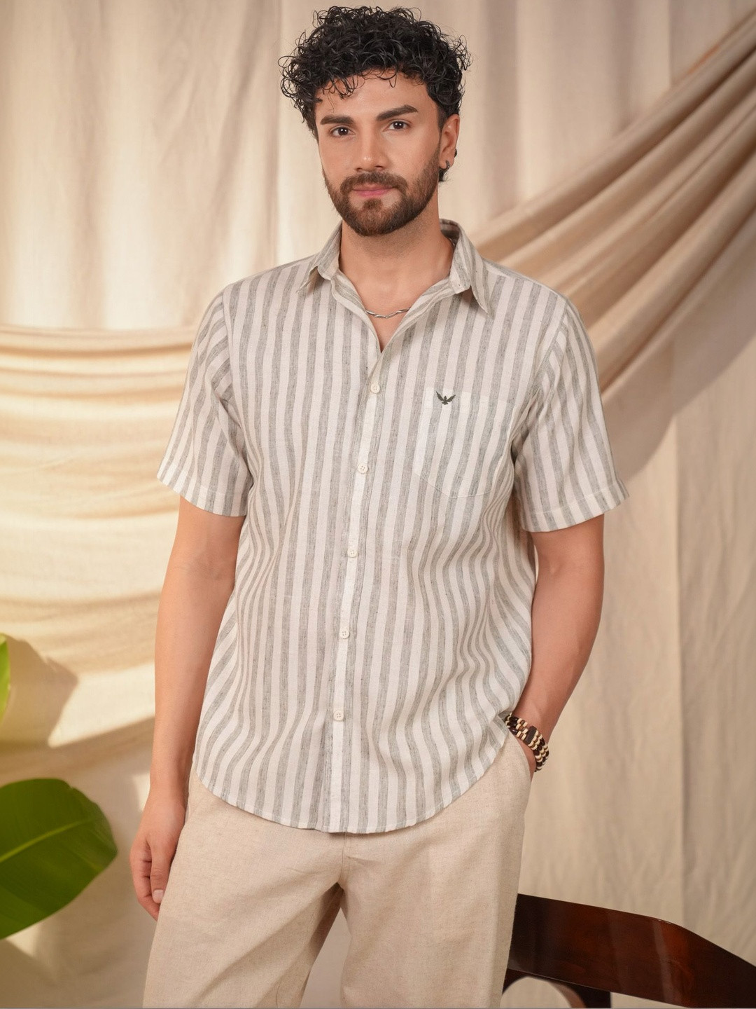 PERCH Men Striped Spread Collar Regular Sleeves Slim Fit Shirt