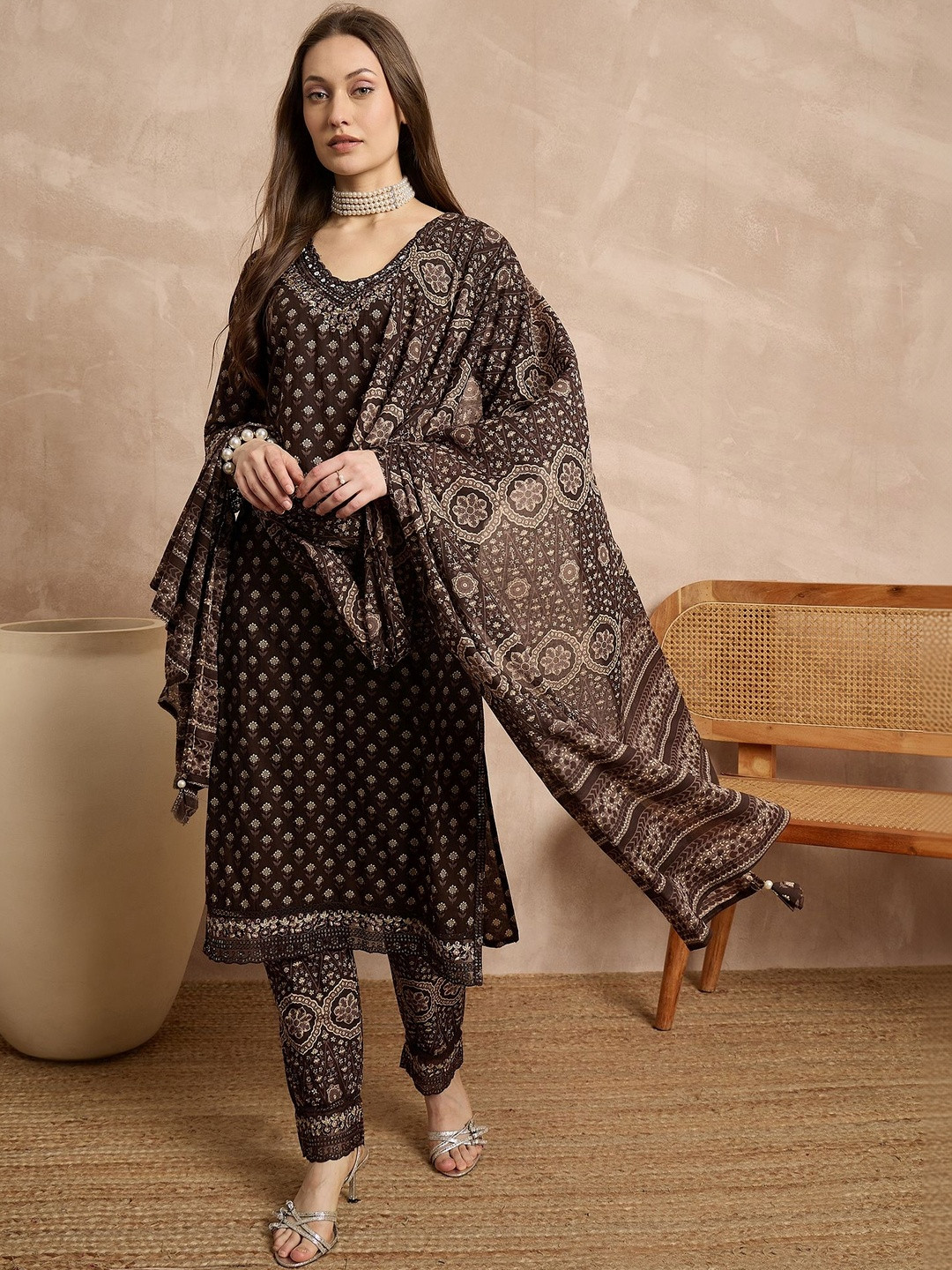CHETI Women Ethnic Motifs Printed Regular Thread Work Pure Cotton Kurta with Trousers & With Dupatta