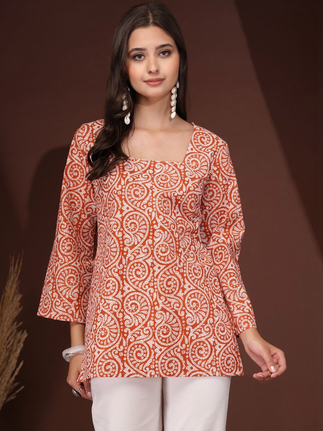 DAEVISH Print Flared Sleeve Ethnic Cotton Top