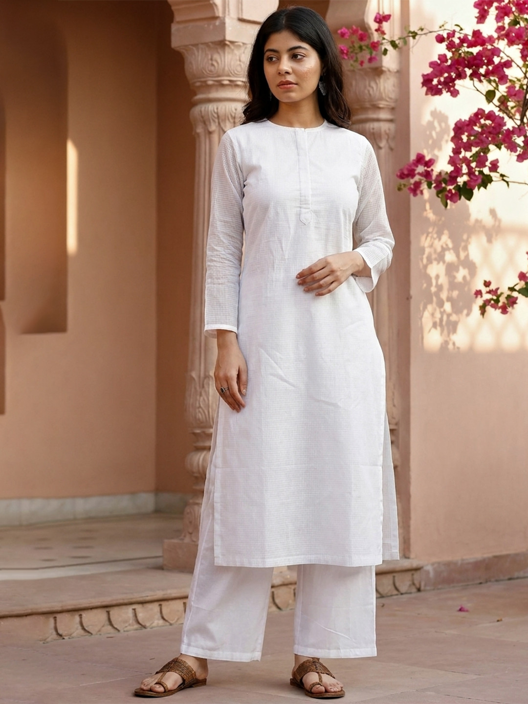 TJORI Women White Solid Kota Cotton Handcrafted Straight Kurta