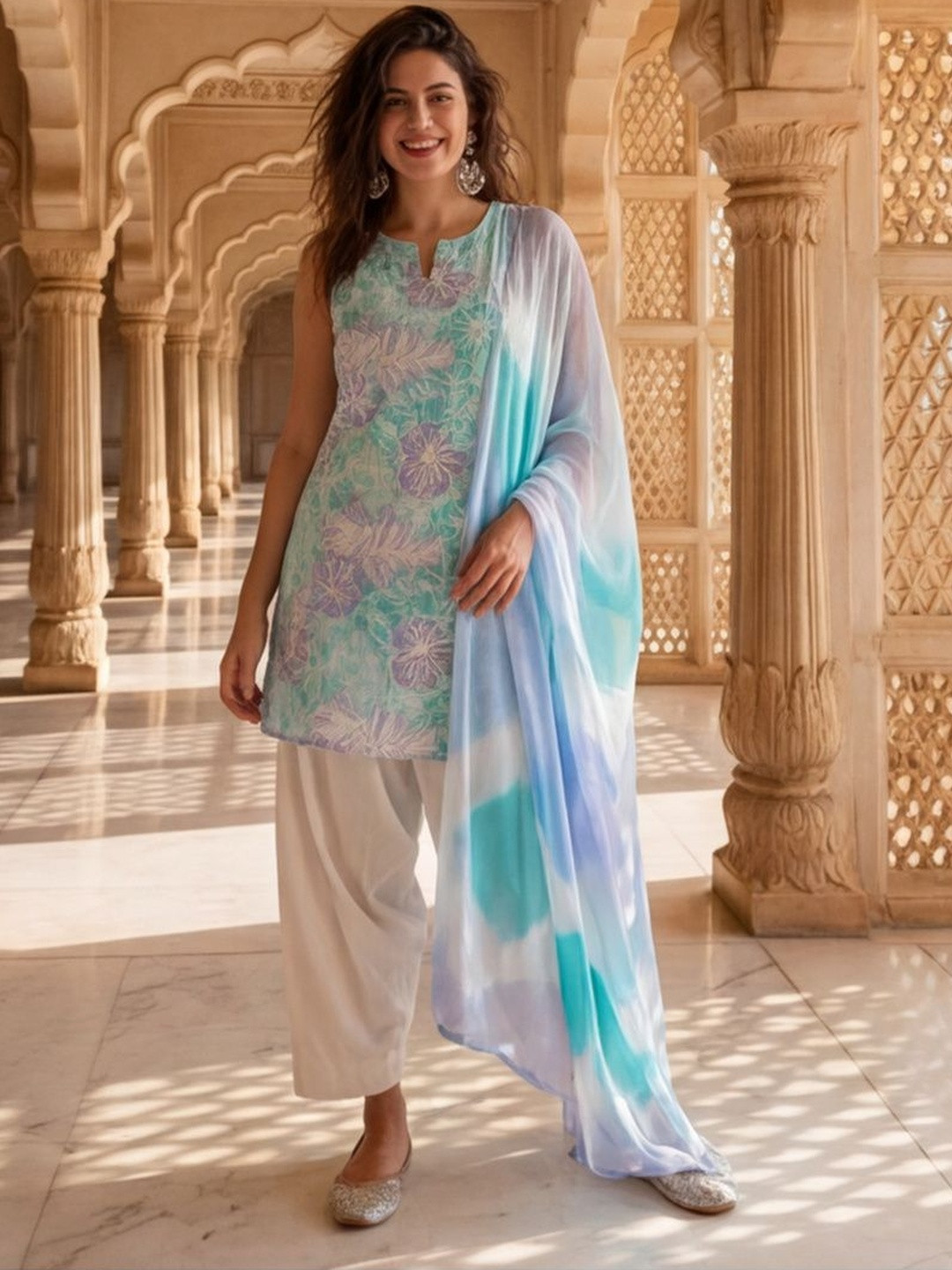 House of Pataudi Floral Printed Pure Cotton Round Neck Kurta & Farshi Salwar With Dupatta