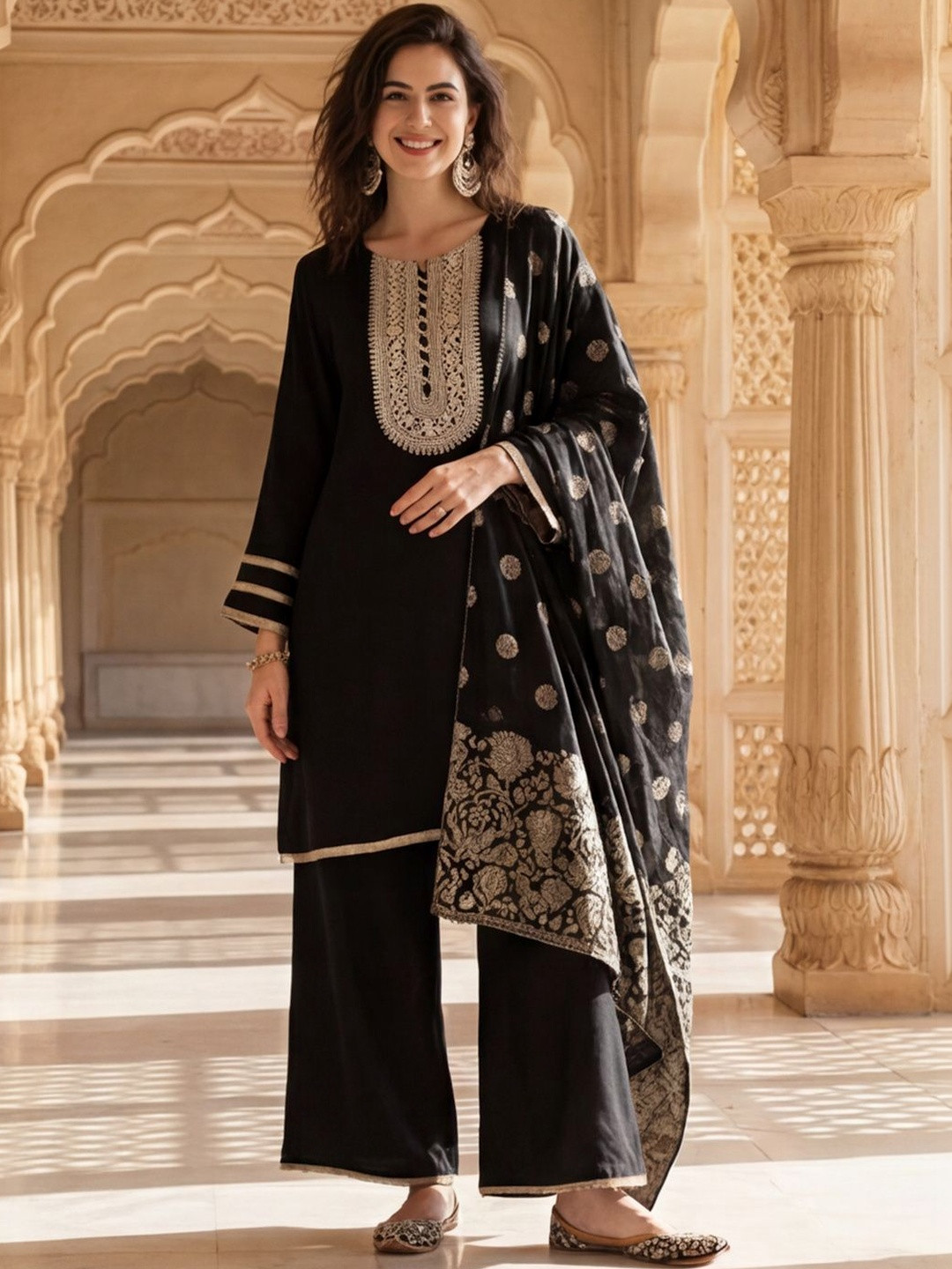 House of Pataudi Embroidered Round Neck Kurta & Palazzos With Dupatta