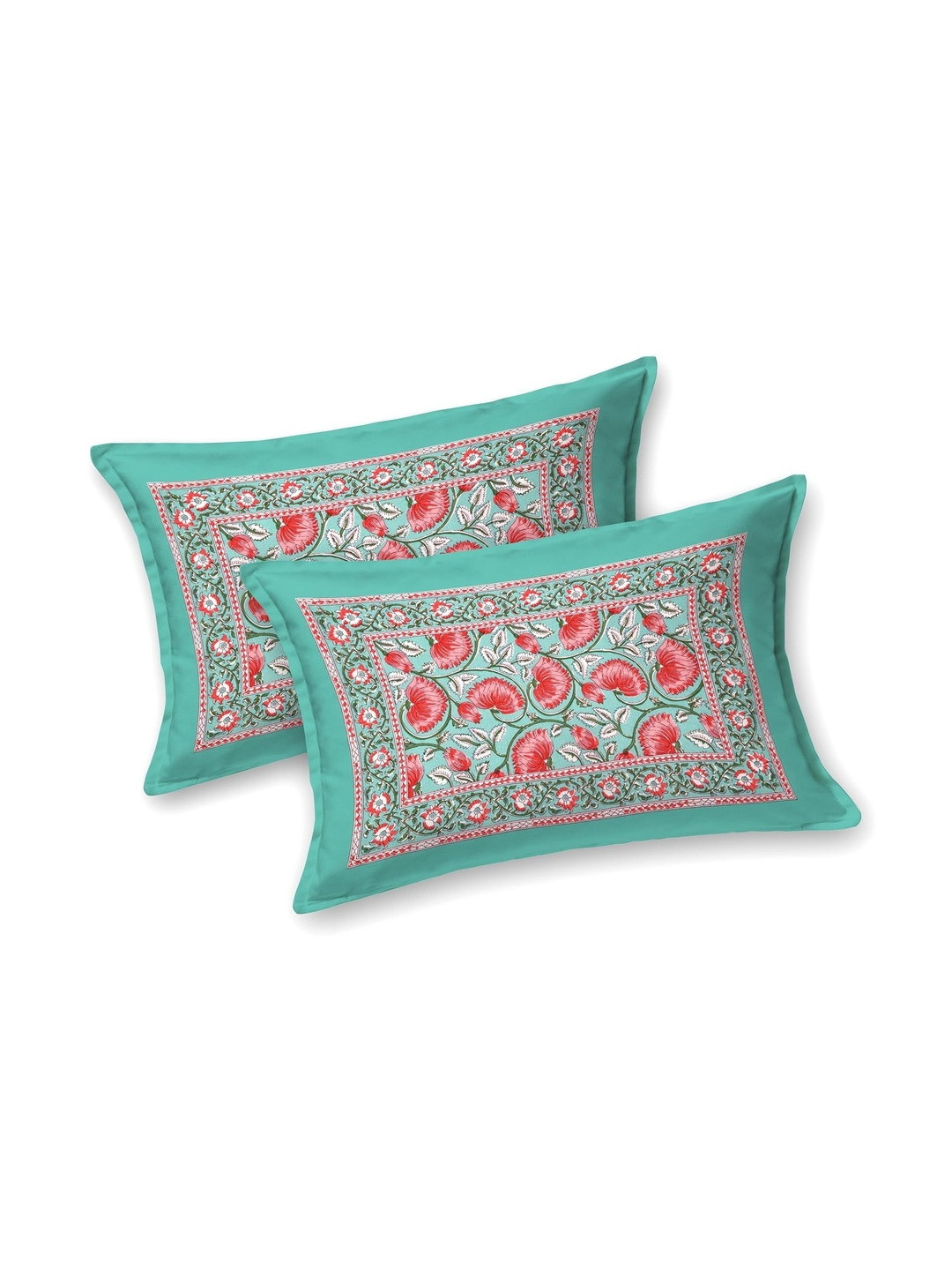 elanorhomes Green & Red 2 Pieces Floral Pure Cotton Rectangle Pillow Covers