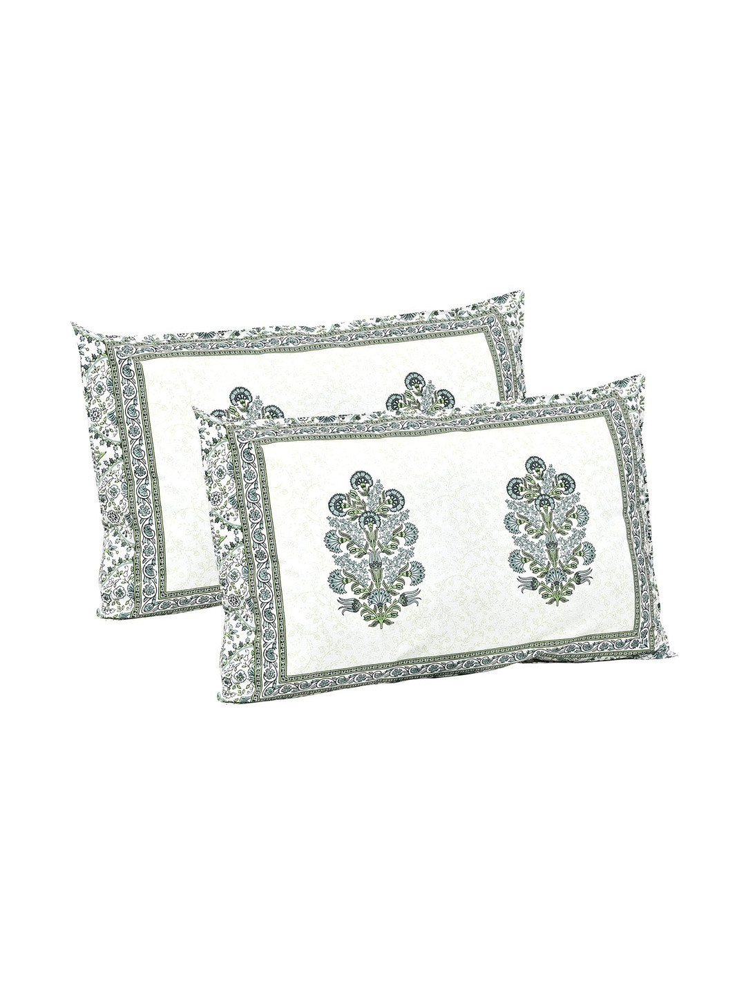 elanorhomes Green & White 2 Pieces Floral Pure Cotton Rectangle Pillow Covers