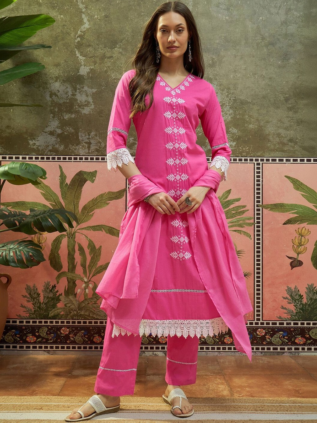 Sangria Embroidered V-Neck Kurta & Trousers With Dupatta