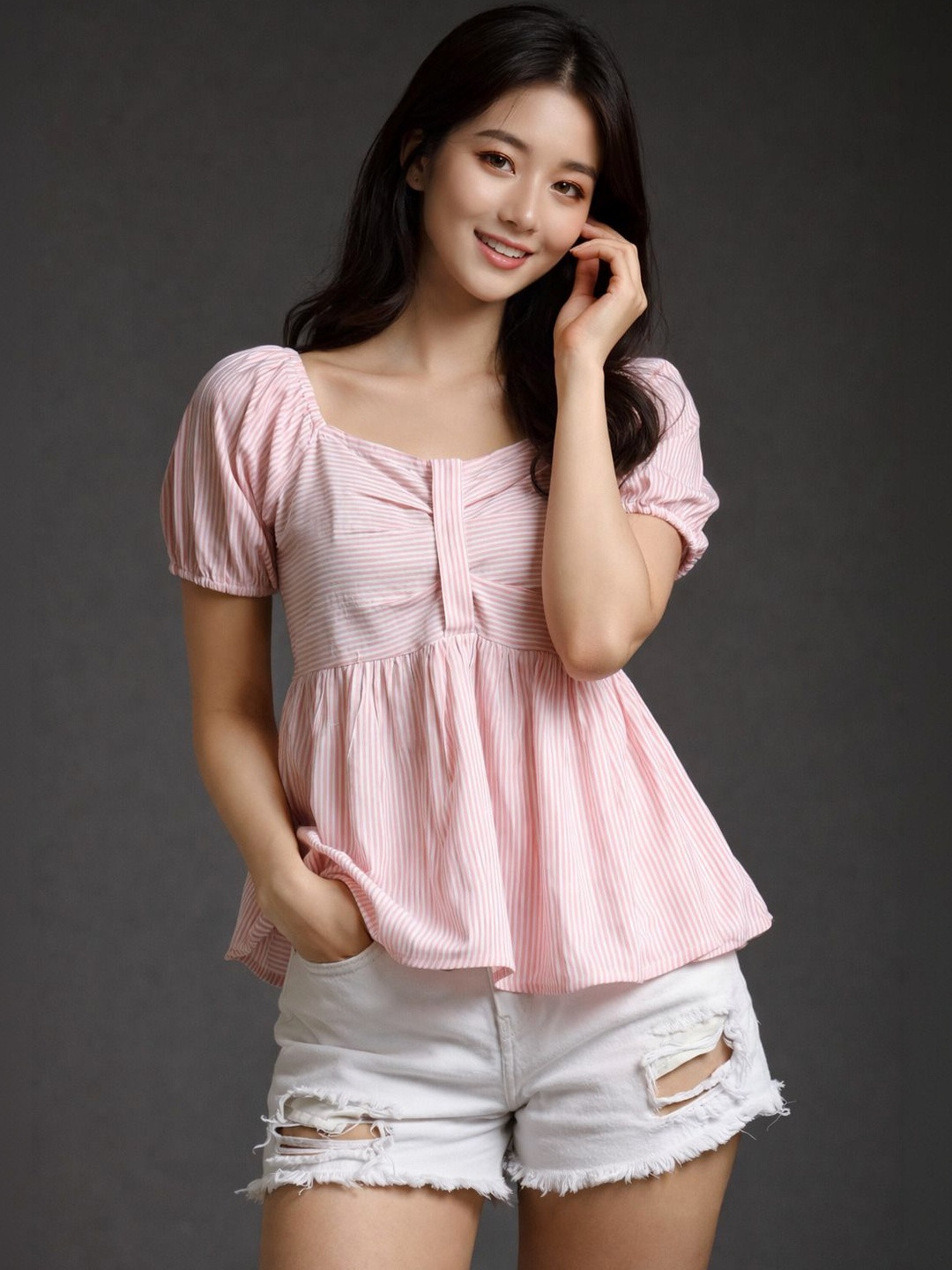 BNS Striped Puff Sleeve Cotton Blend Peplum Top