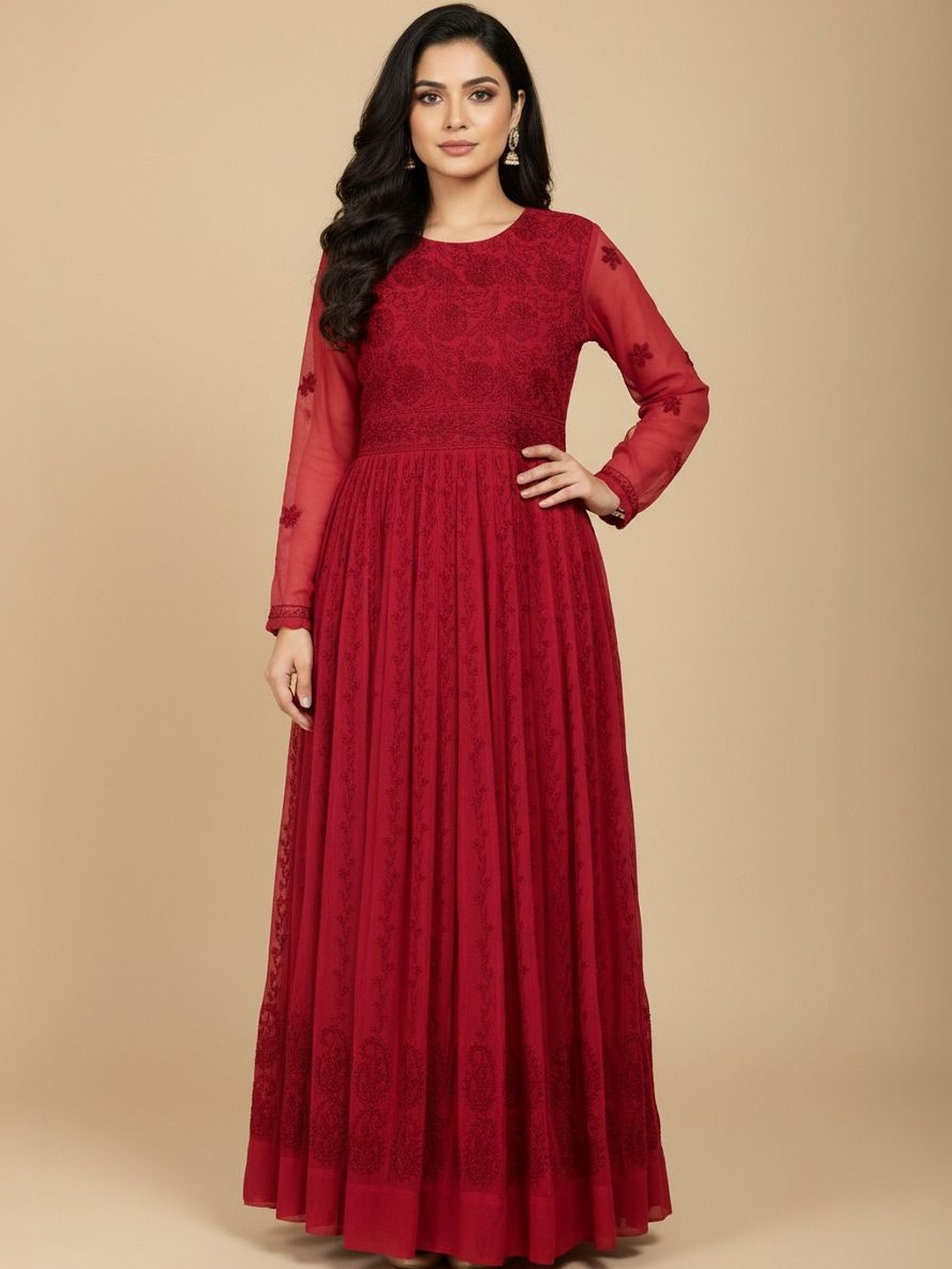 Owlsky Ethnic Georgette Flared Anarkali Floral Motifs Woven Design & Full Sleeves Gown