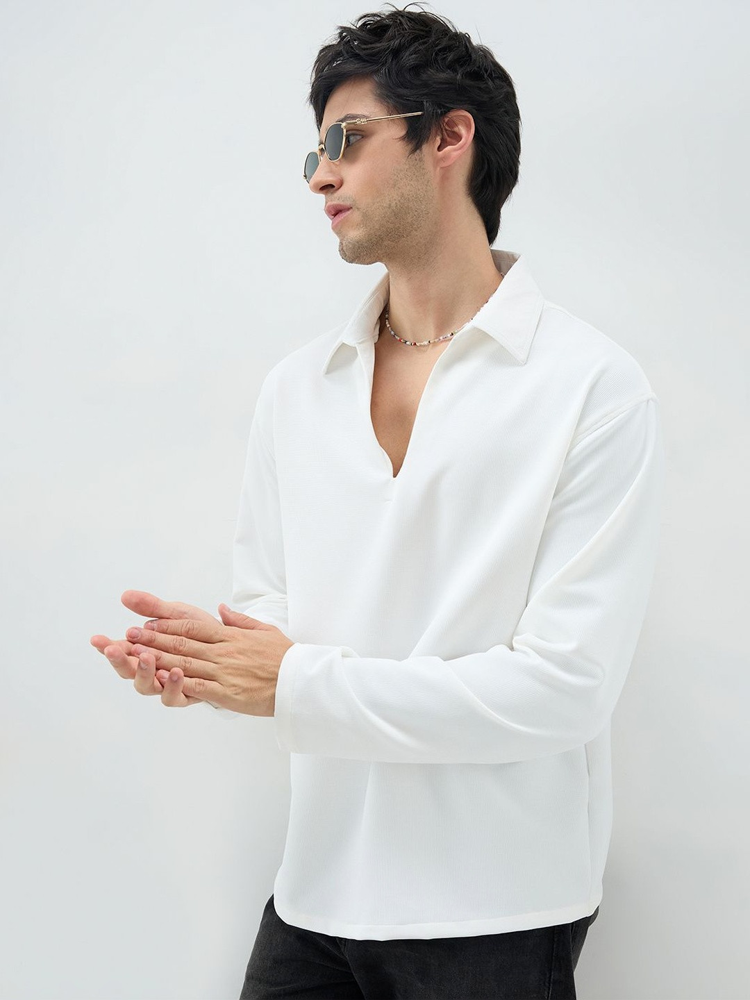 VASTRADO Snow White Oversized Polo Tencel Knit Shirt