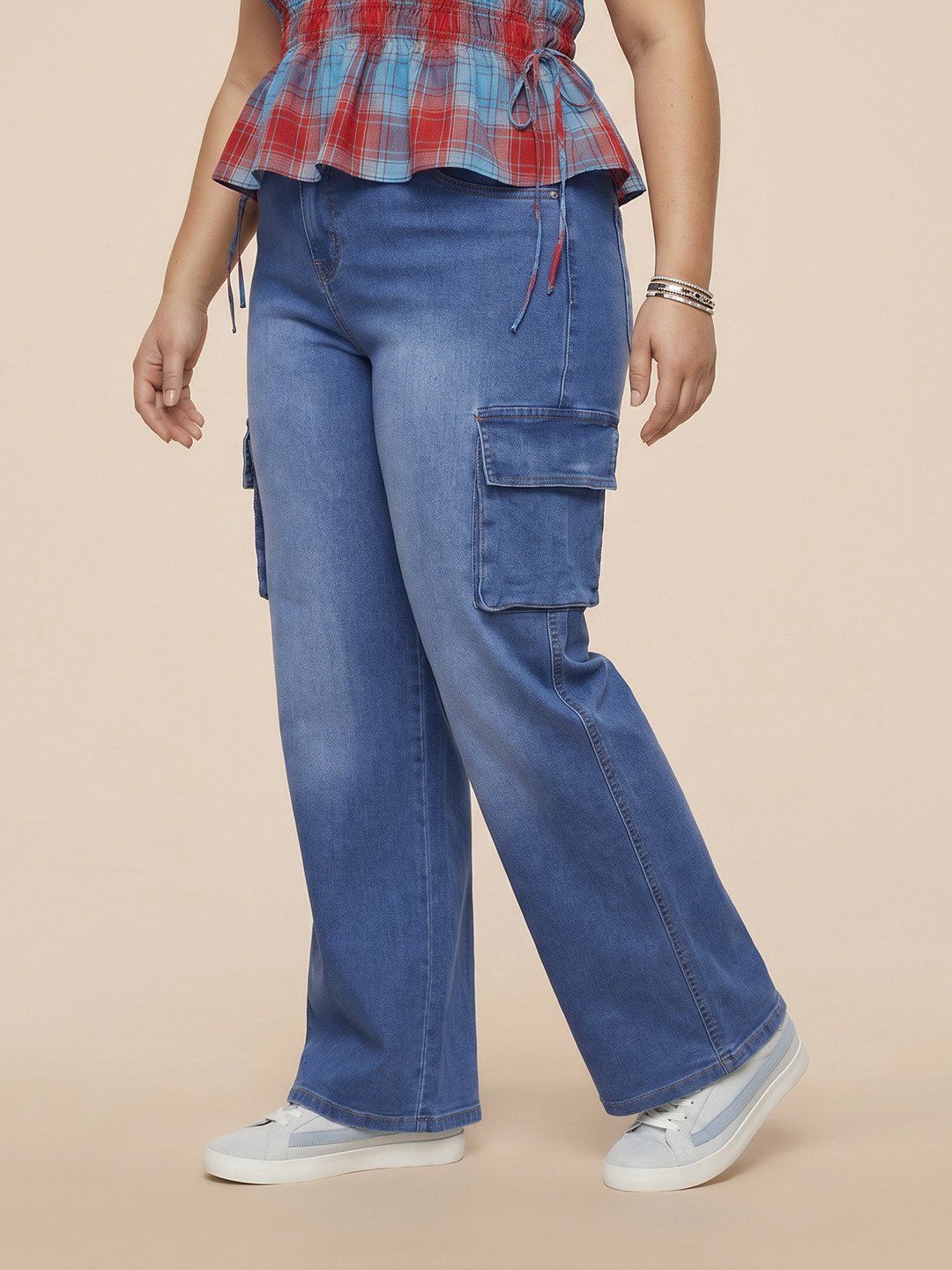 Sztori Women Plus Size Light Faded Stretchable Cargo Jeans