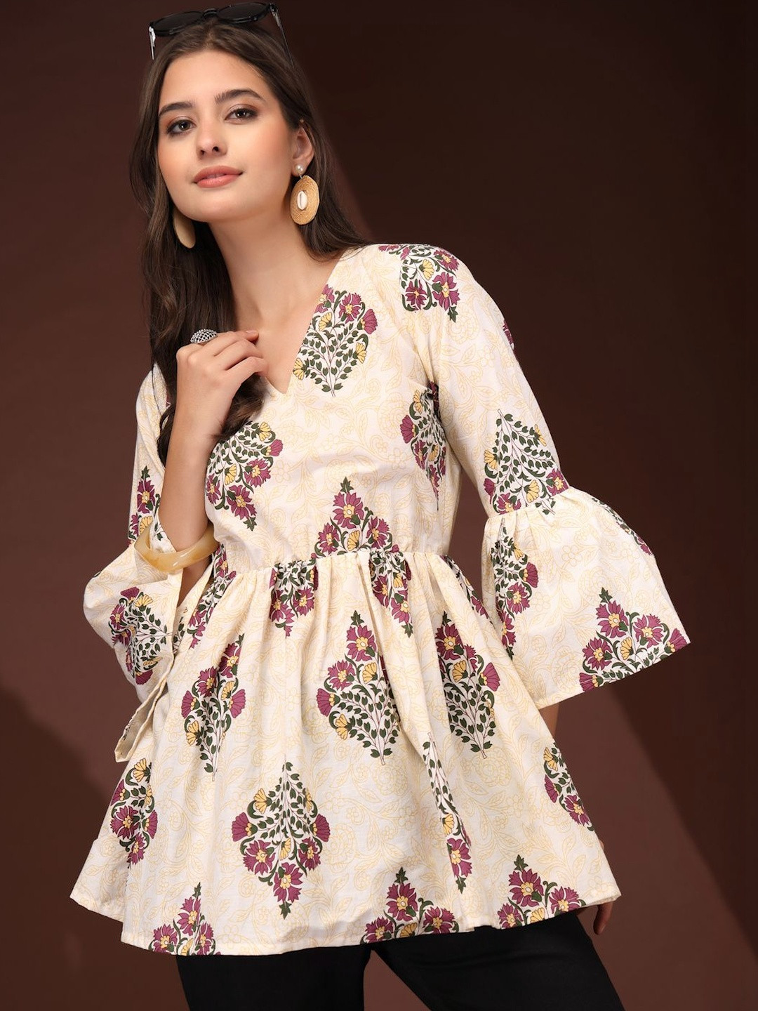 DAEVISH Floral Print Bell Sleeve Cotton Top