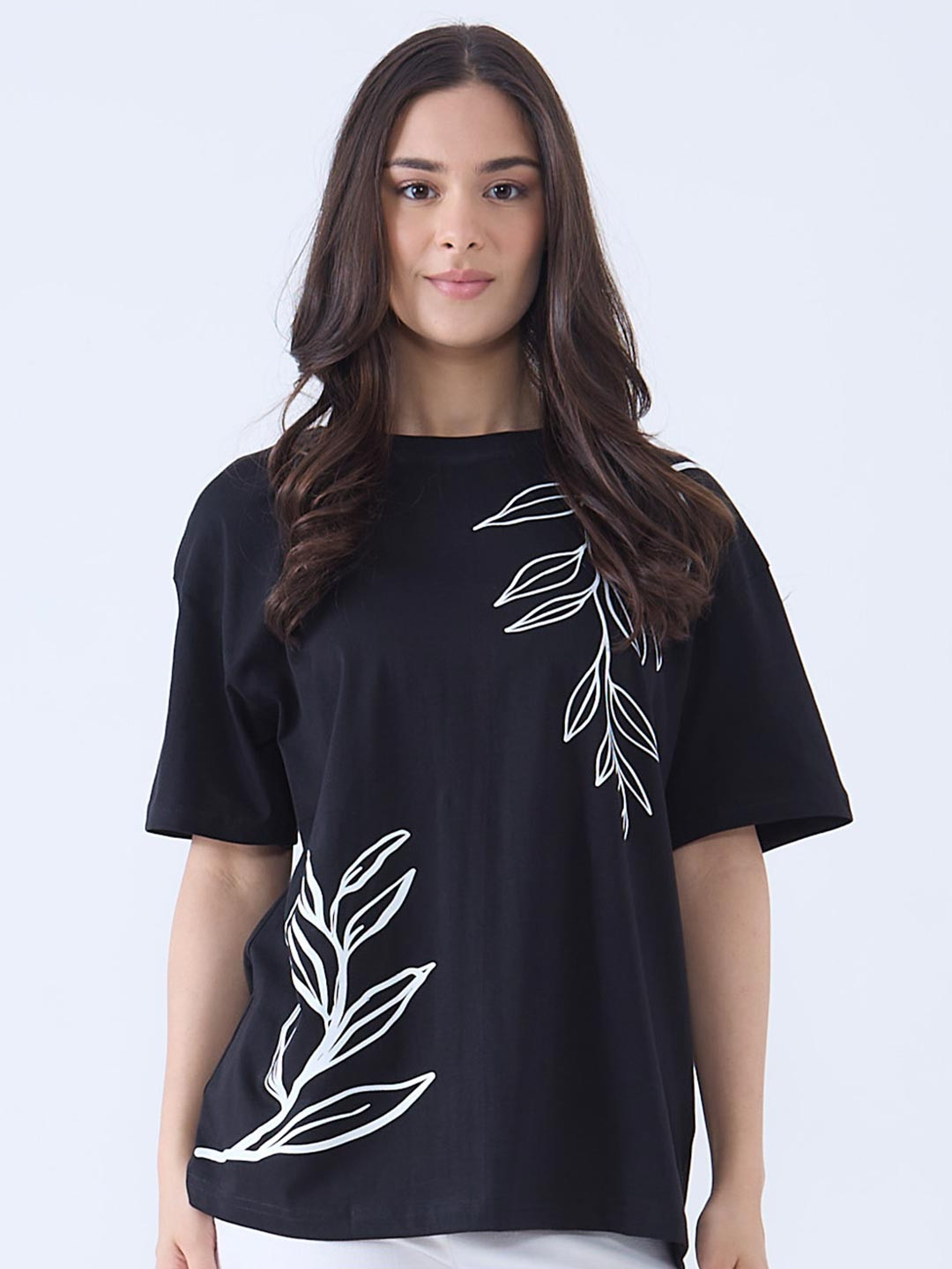 DKY Women Floral Printed Drop-Shoulder Sleeves T-shirt