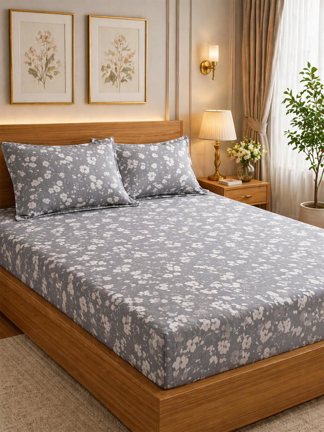 Signature Grey Floral 210 TC Bedsheet with 2 Pillow Covers