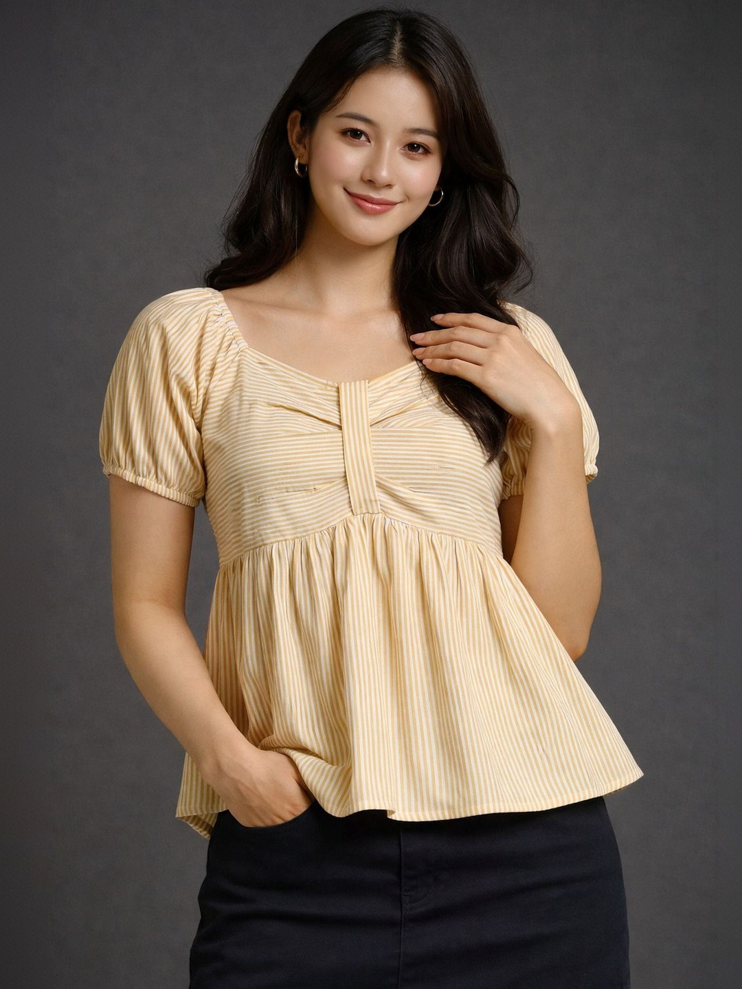 BNS Striped Sweetheart Neck Puff Sleeve Peplum Top