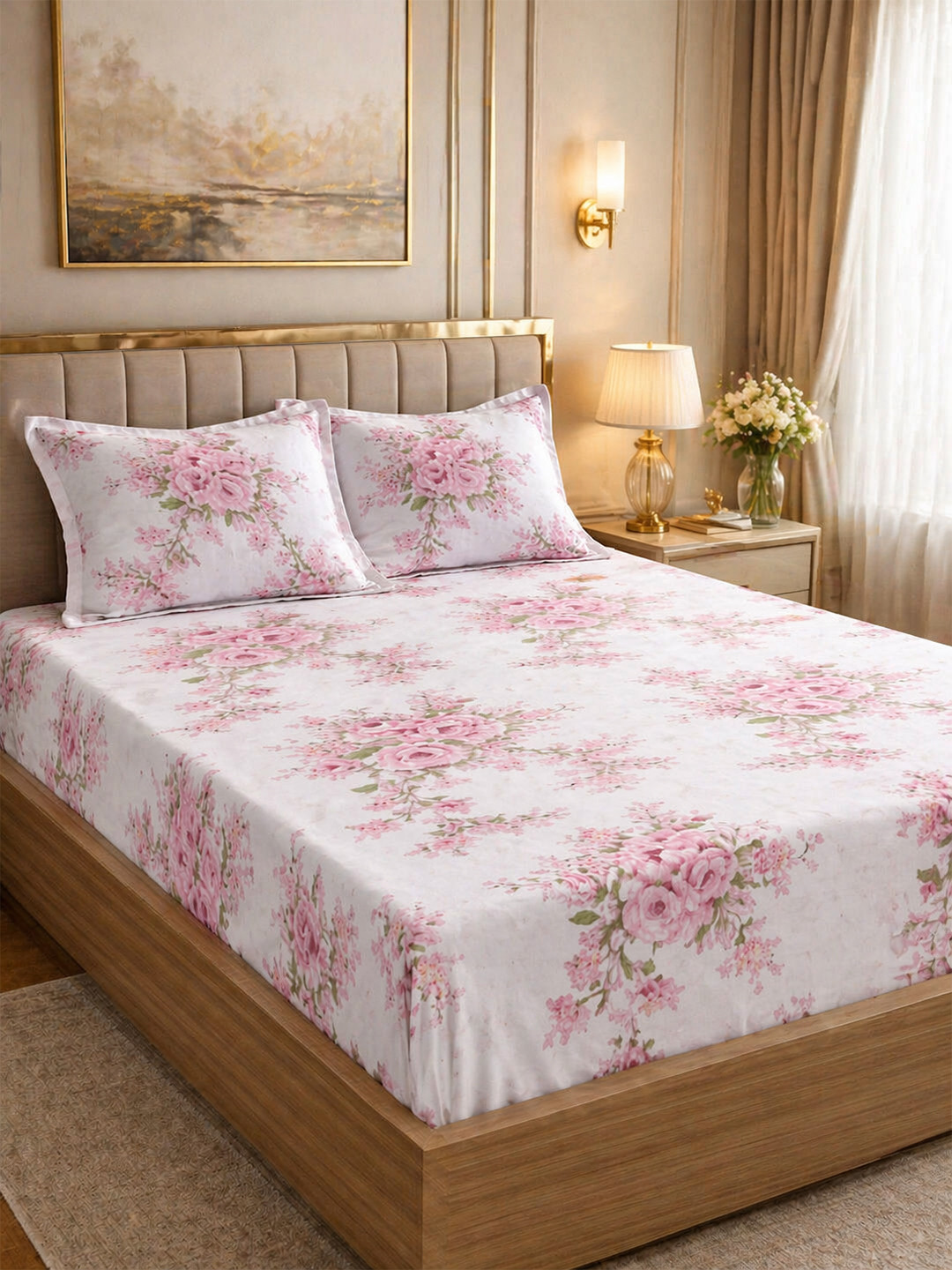 Signature Pink & White Floral 210 TC Bedsheet with 2 Pillow Covers