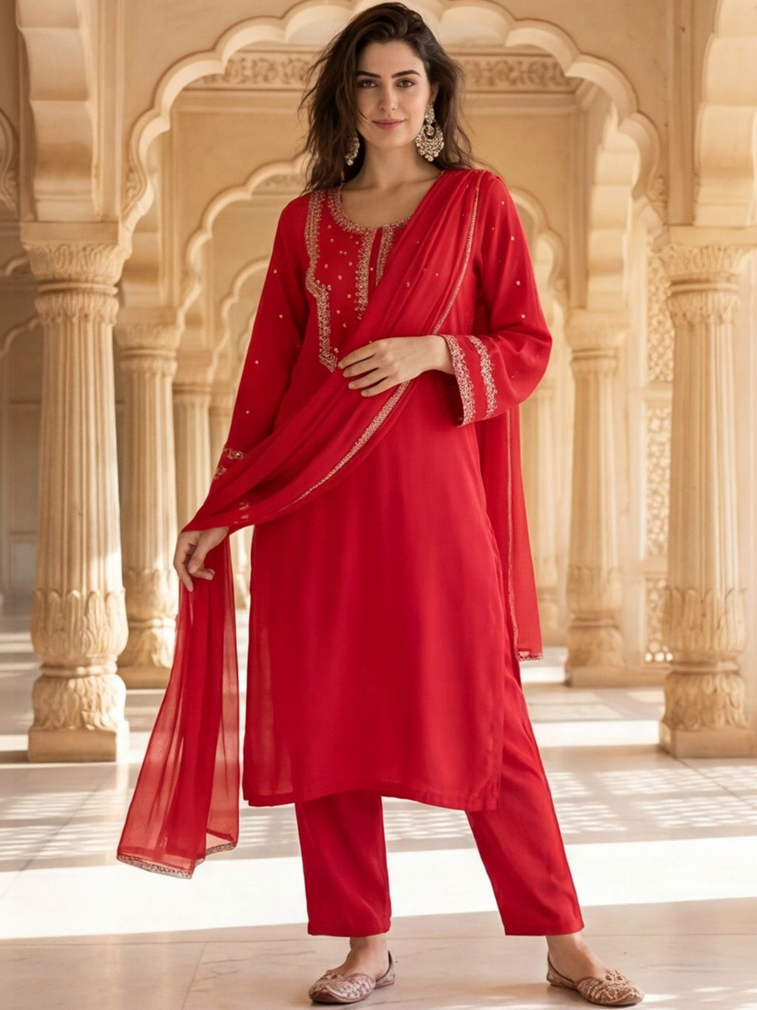 House of Pataudi Embroidered Round Neck Kurta & Trousers With Dupatta
