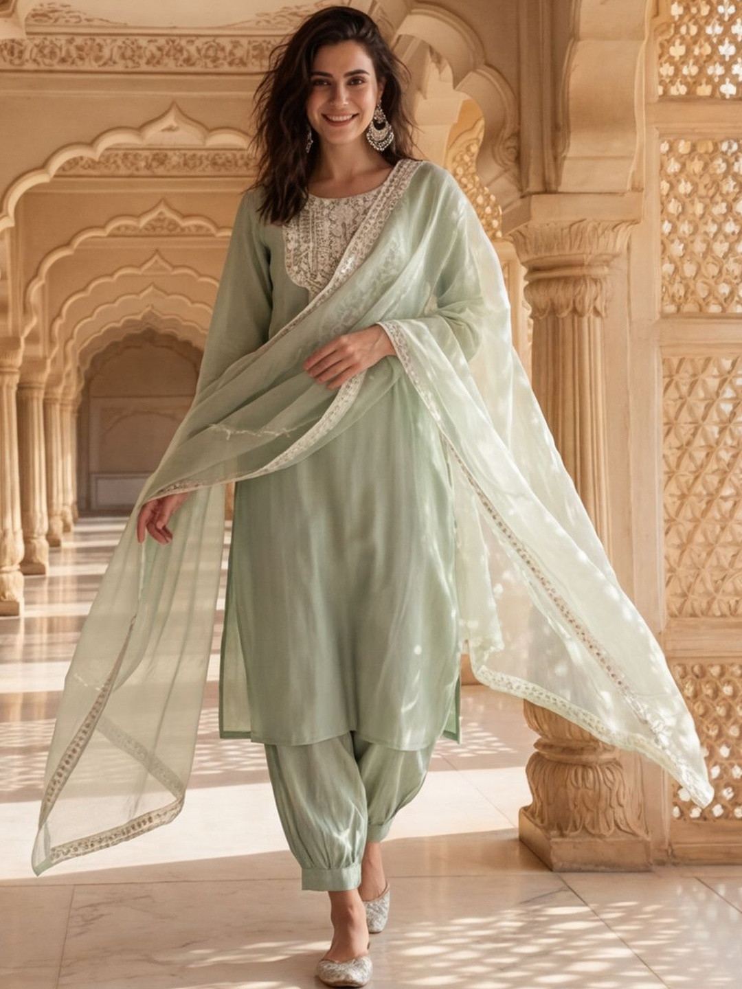 House of Pataudi Embroidered Round Neck Kurta & Salwar With Dupatta