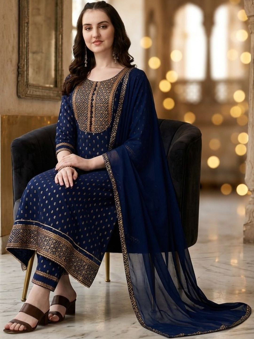 QUEENSFAB Women Ethnic Motifs Printed Regular Patchwork Kurta with Trousers & With Dupatta