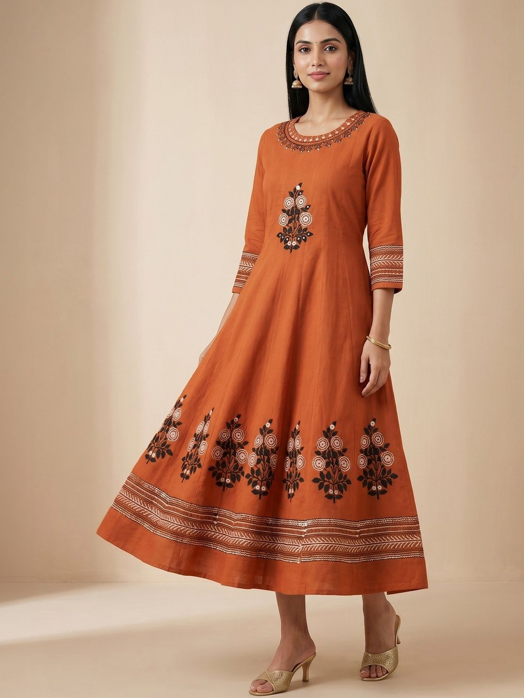 AADIVAA Women Ethnic Motifs Printed Mirror Work Anarkali Kurta