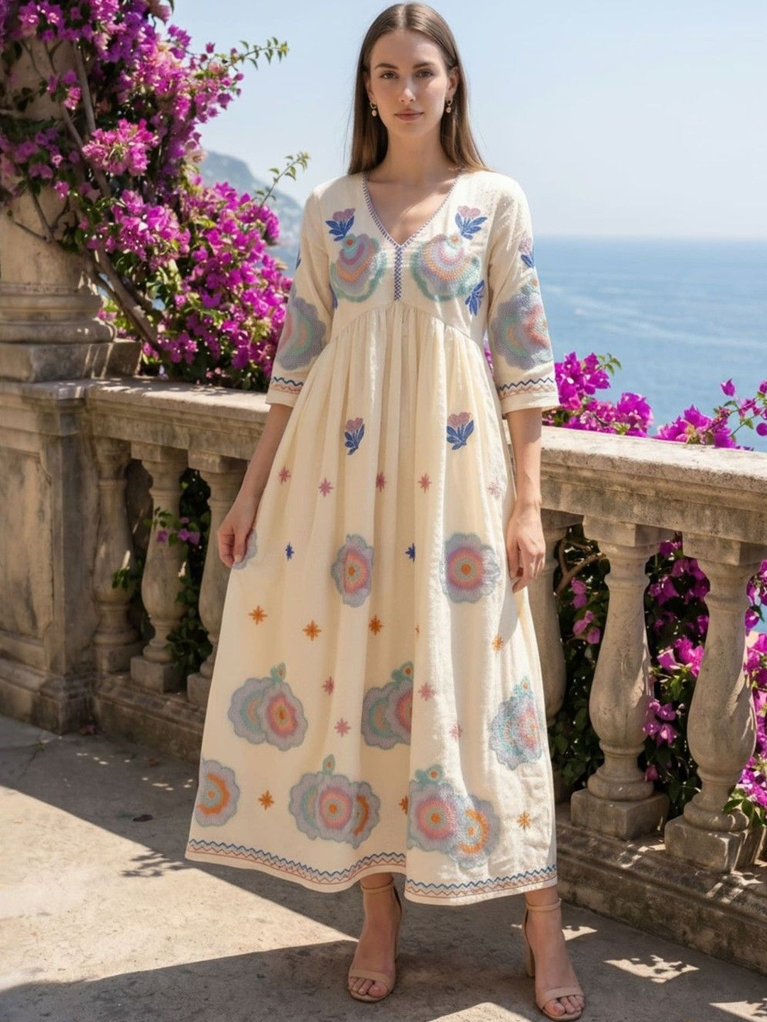 VEARMEE Floral Embroidered Empire Midi Dress