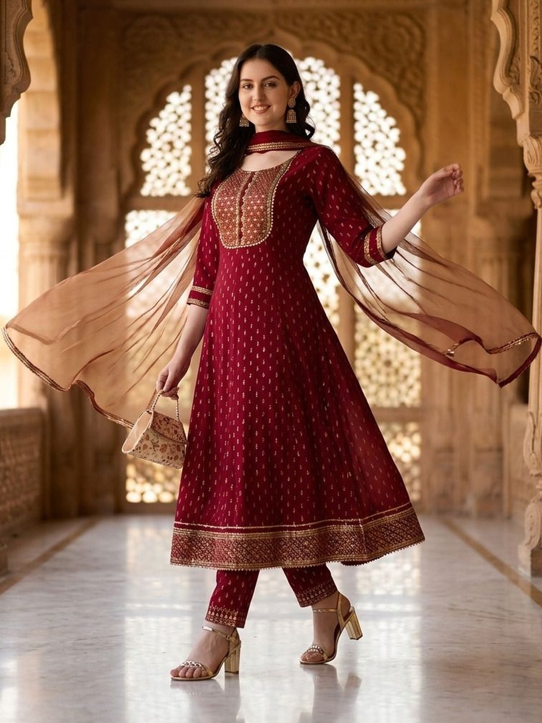 QUEENSFAB Women Ethnic Motifs Printed Empire Kurta with Trousers & With Dupatta