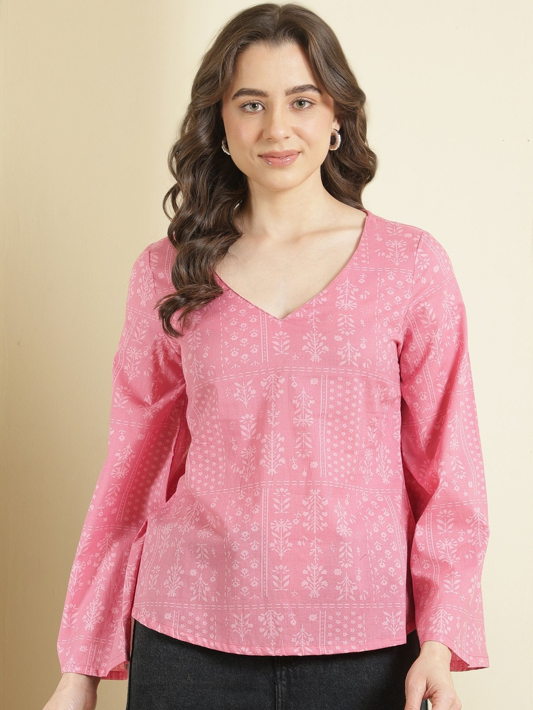 KALAMIR Floral Print Flared Sleeve Cotton Top
