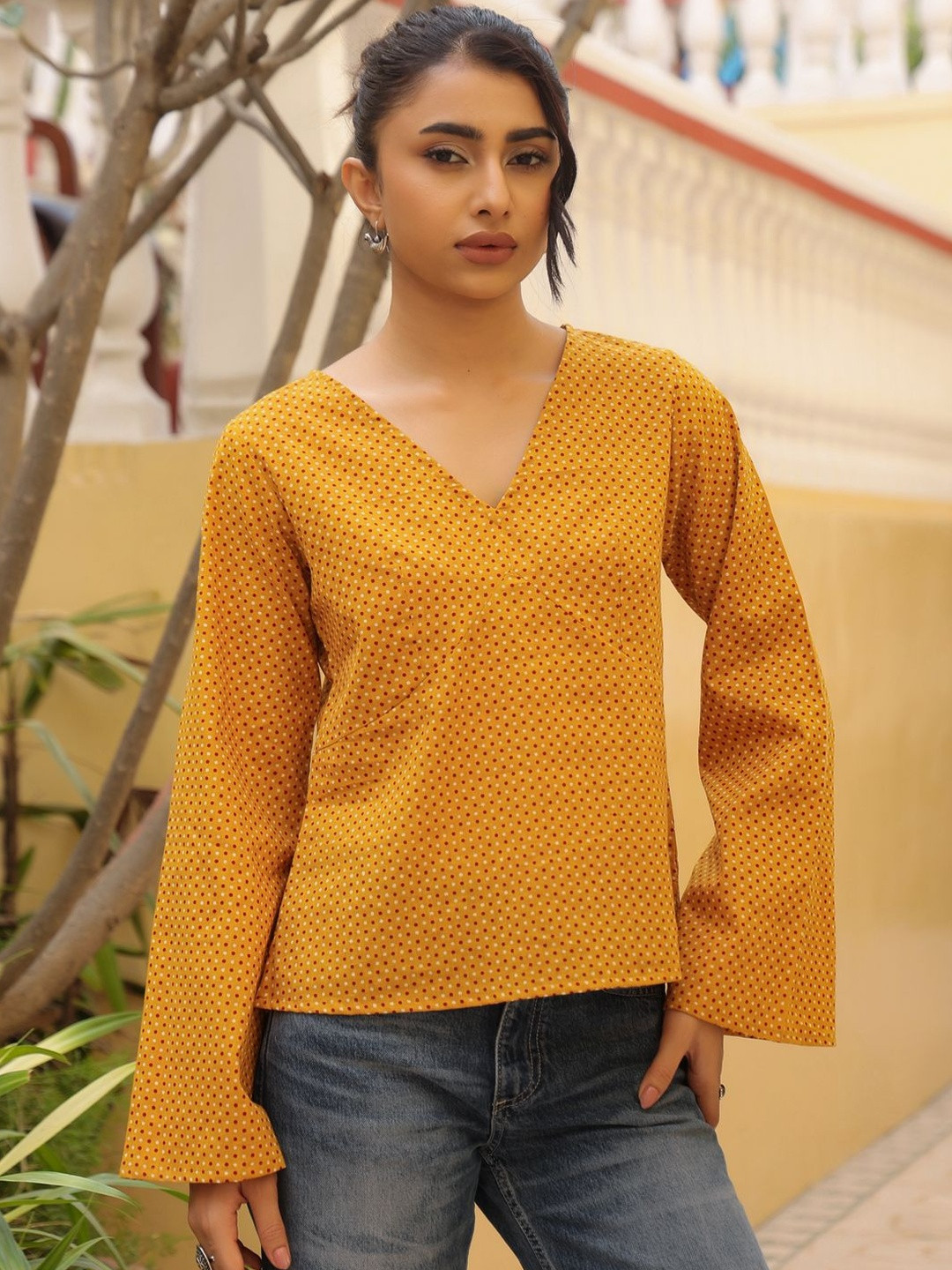anayna Polka Dot Print Bell Sleeve Cotton Top