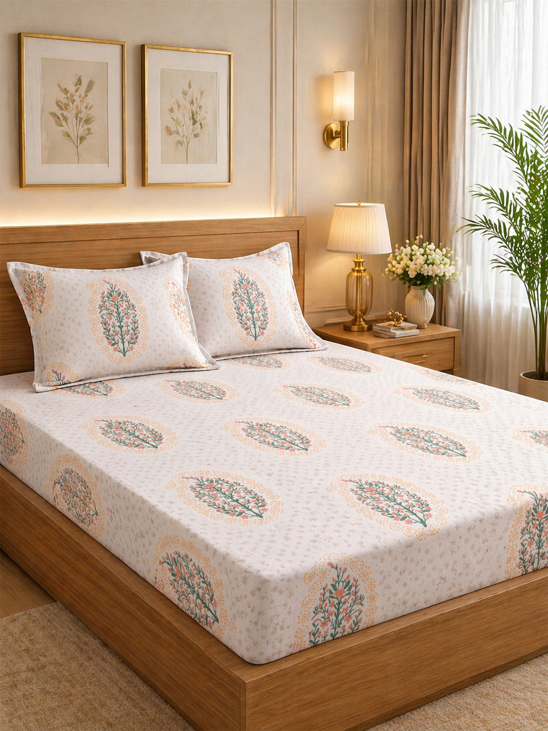 Signature Beige & Pink Floral 210 TC Bedsheet with 2 Pillow Covers