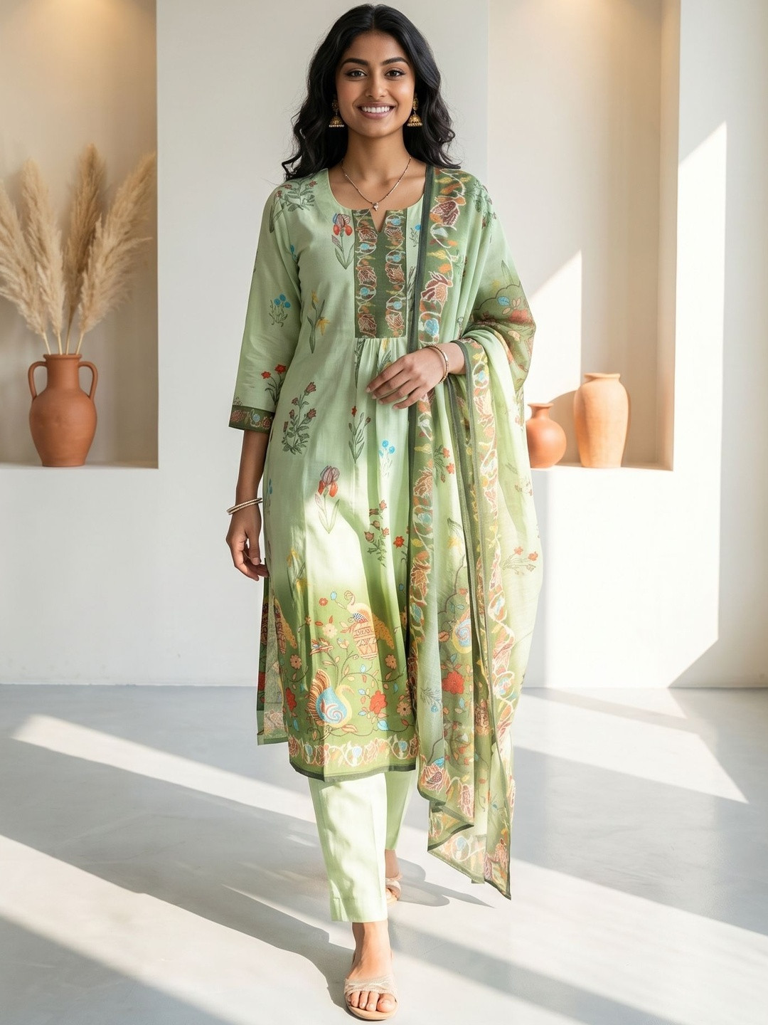 AANVI Women Floral Printed Empire Linen Kurta with Trousers & With Dupatta