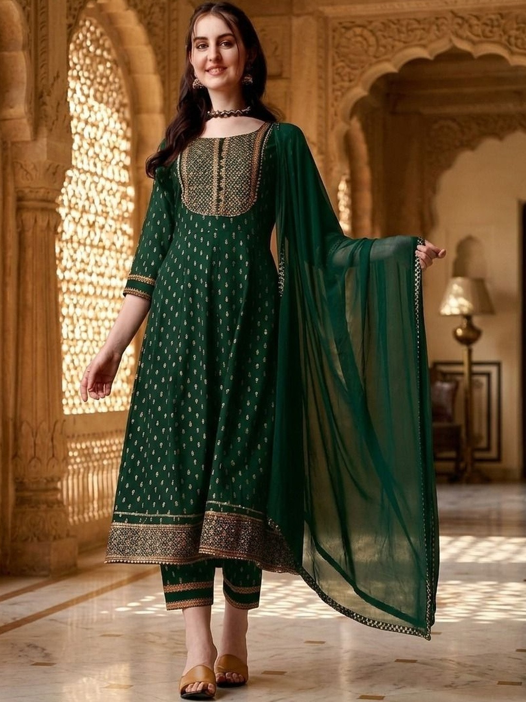 QUEENSFAB Women Ethnic Motifs Printed Empire Thread Work Kurta with Trousers & With Dupatta