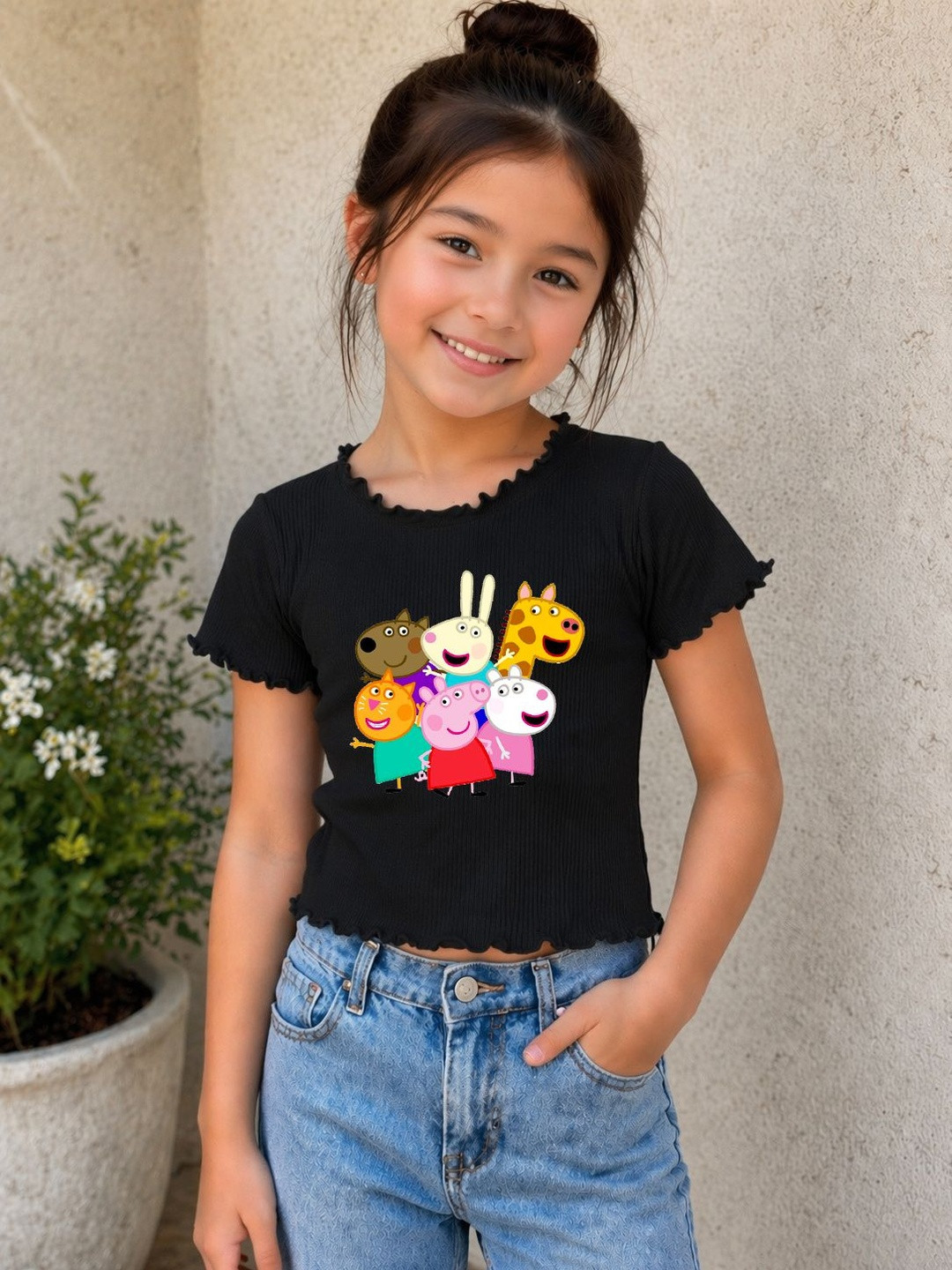 BAESD Black Graphic Round Neck Short Sleeves Top