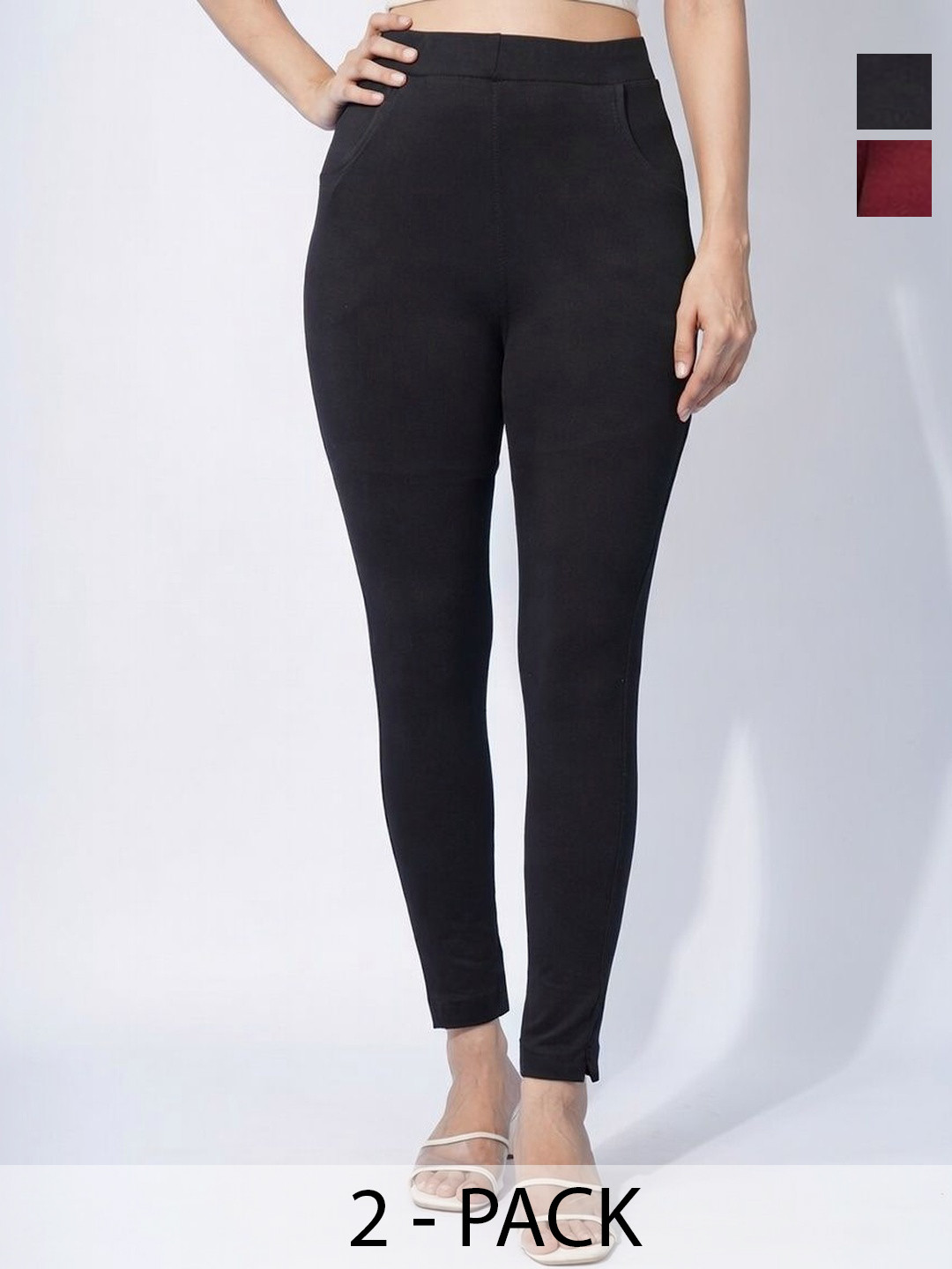 KALINI Women Pack of 2 Cotton Blend Solid Ankle Length Leggings