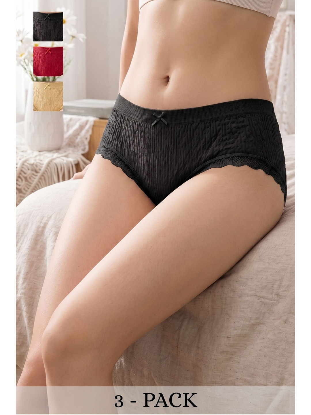 Amber Knots Women Pack of 3 Self Design Anti Bacterial Lace Basic Briefs