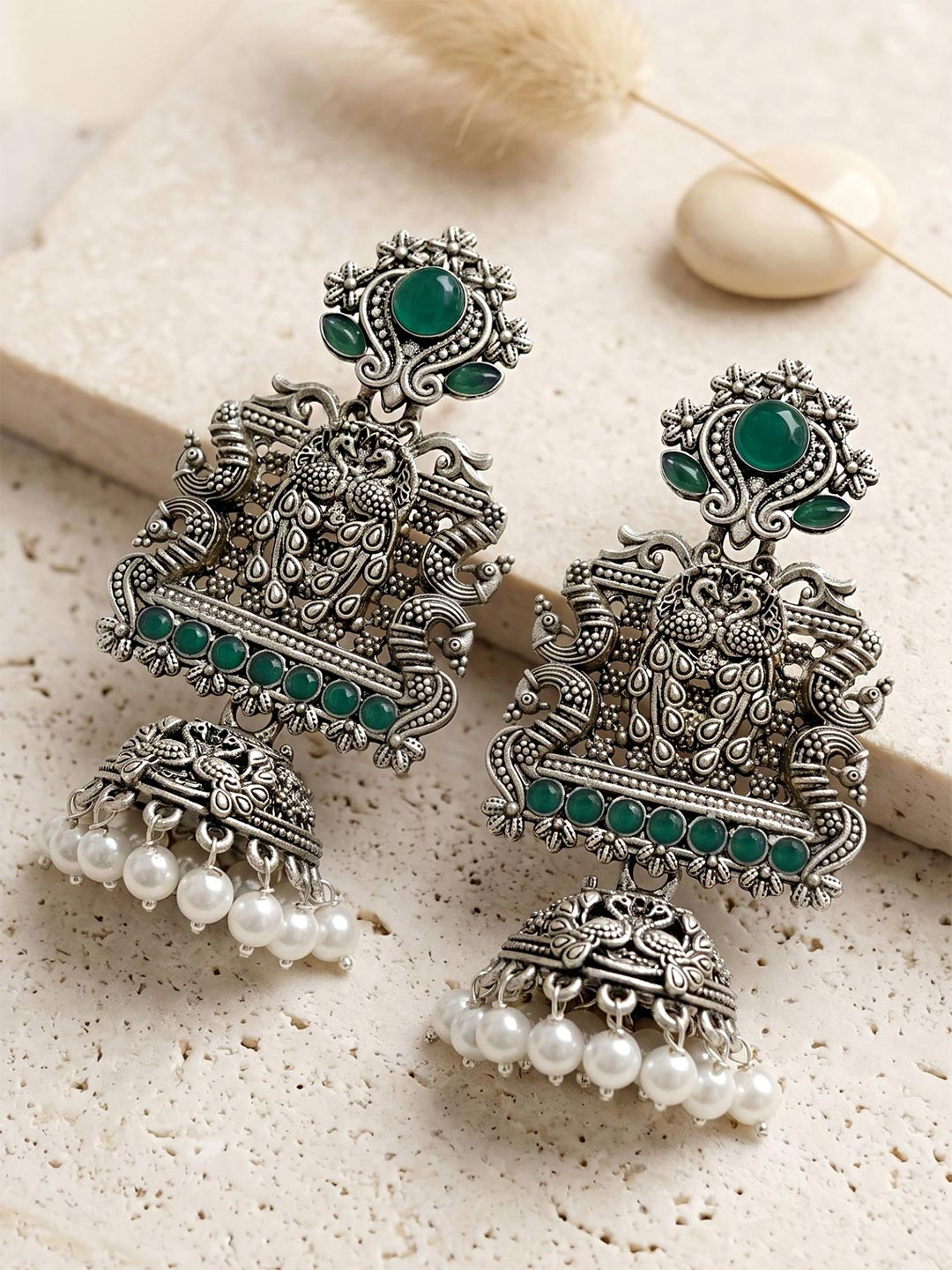 KARATCART Women Oxidised Silver Green Dome Shaped Jhumkas Stone Jhumki Earrings